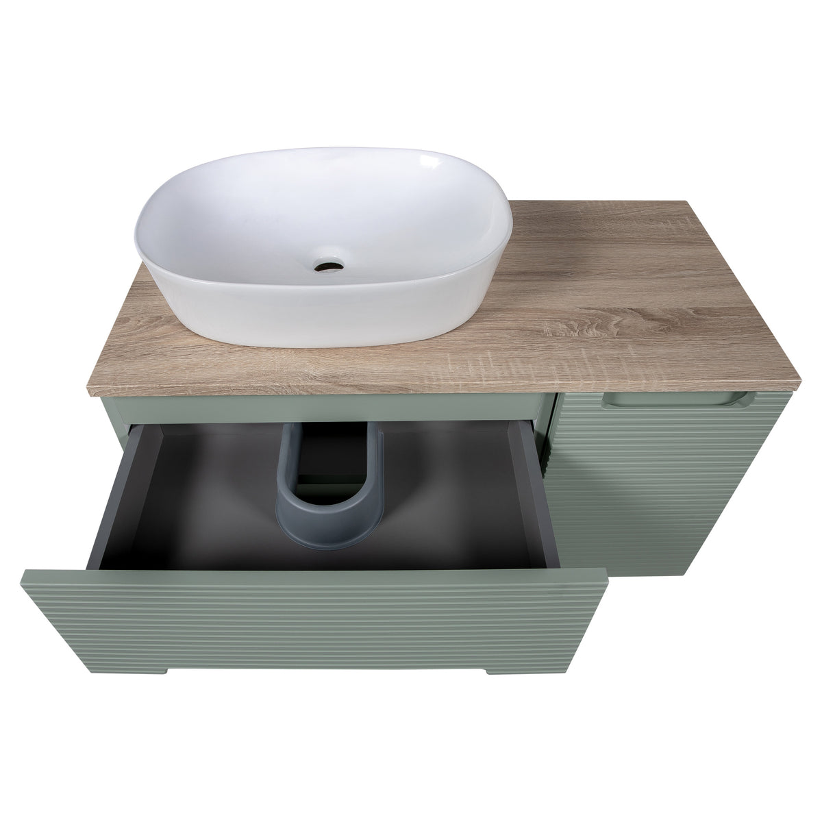 Tailored Monza Plus Fluted 2 Drawer Wall Hung Vanity With Side Cabinet And Counter Top - 905mm Wide - Aloe Green/Country Oak - view 5