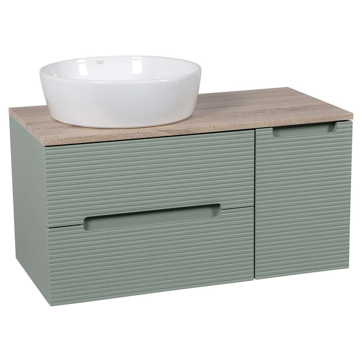 Tailored Monza Plus Fluted 2 Drawer Wall Hung Vanity With Side Cabinet And Counter Top - 905mm Wide - Aloe Green/Country Oak - view 6