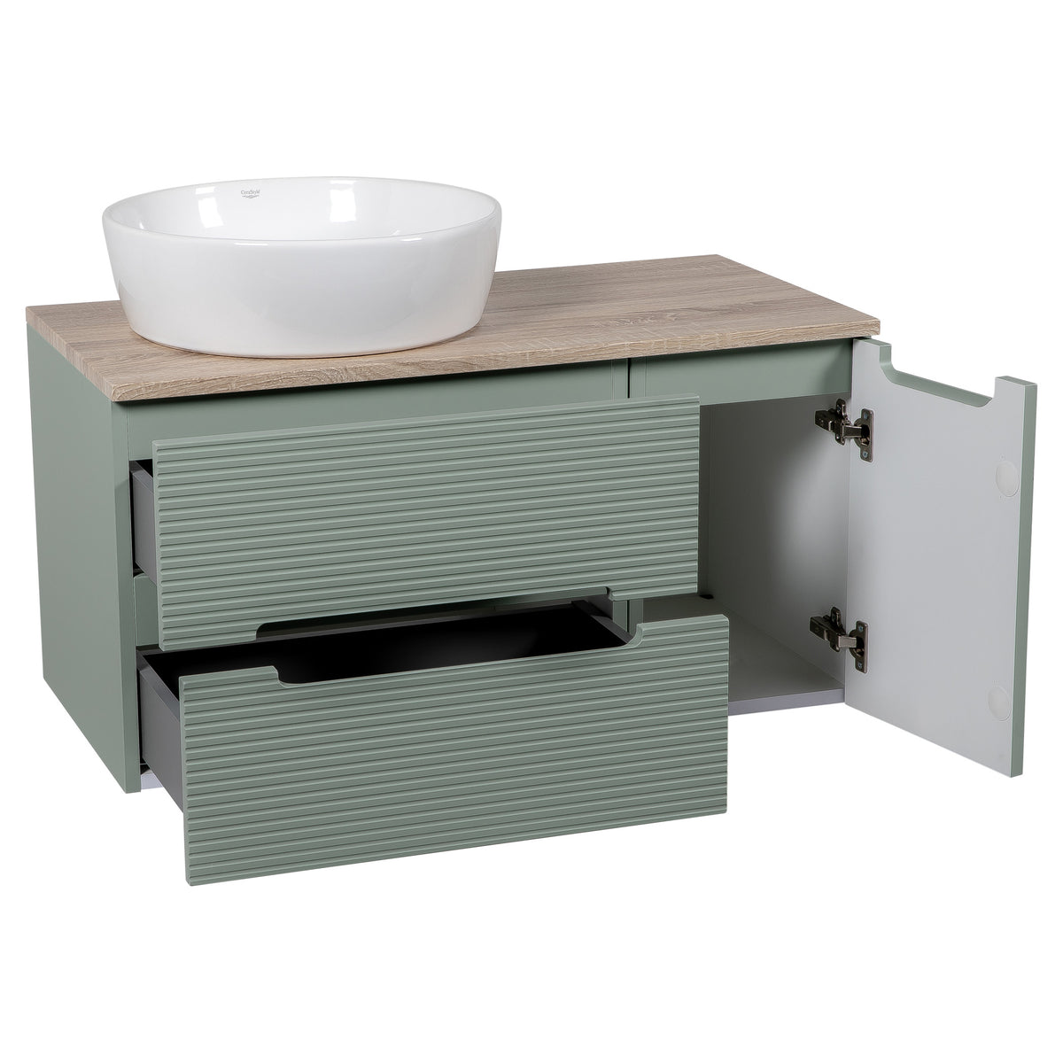 Tailored Monza Plus Fluted 2 Drawer Wall Hung Vanity With Side Cabinet And Counter Top - 905mm Wide - Aloe Green/Country Oak - view 7