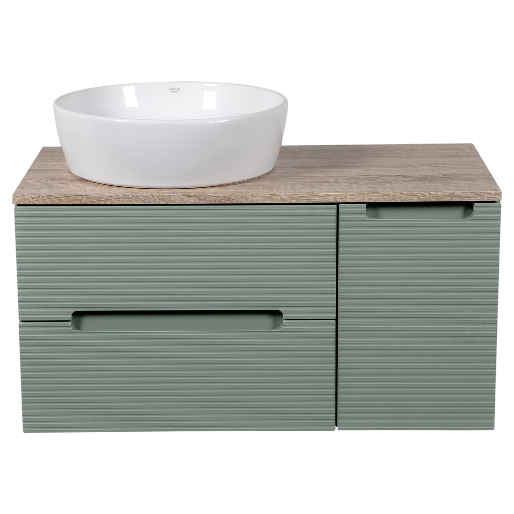 Tailored Monza Plus Fluted 2 Drawer Wall Hung Vanity With Side Cabinet And Counter Top - 905mm Wide - Aloe Green/Country Oak - view 8