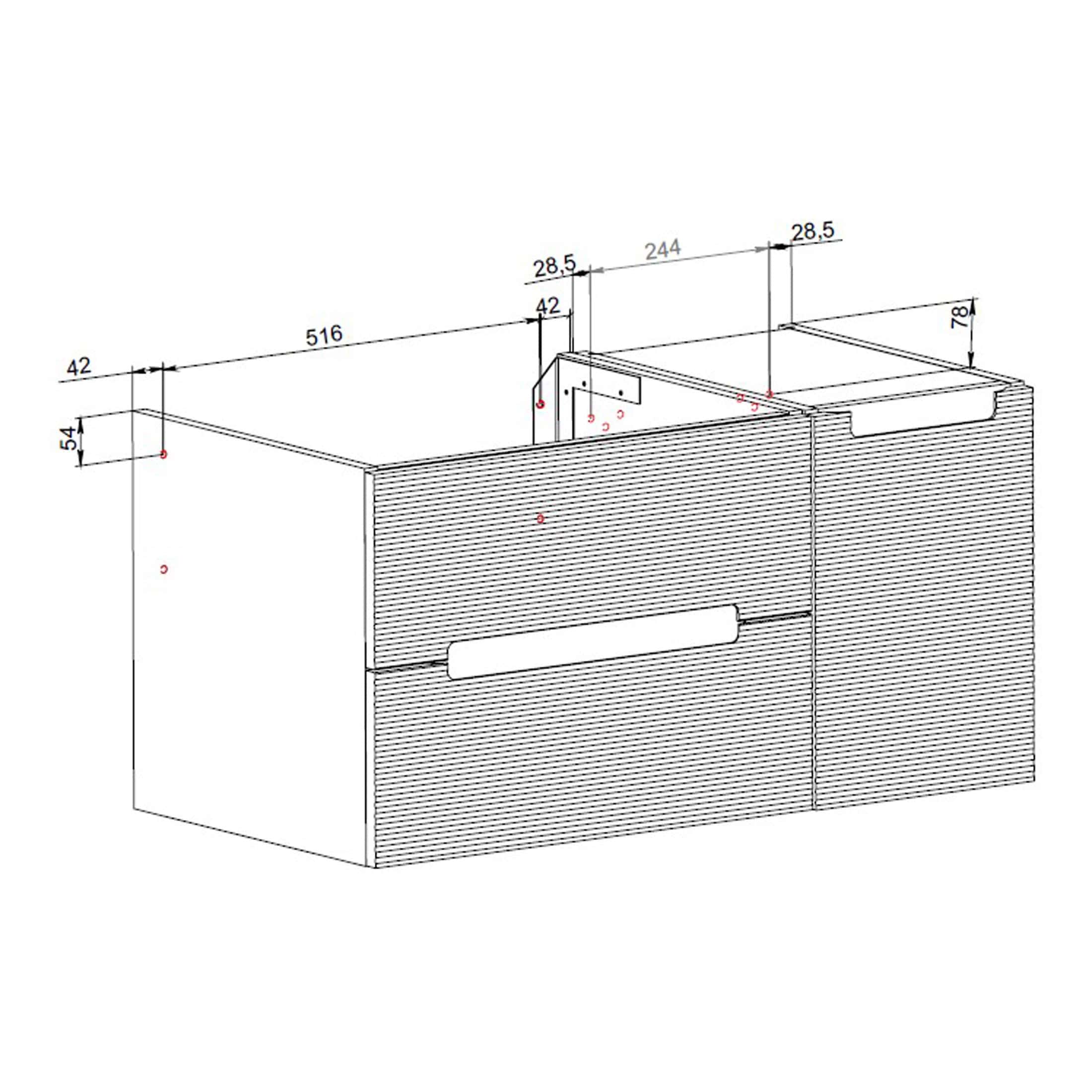 Contemporary bathroom vanity unit with detailed technical drawings, including measurements for a sleek and functional bathroom storage solution. Perfect for modern bathroom designs.