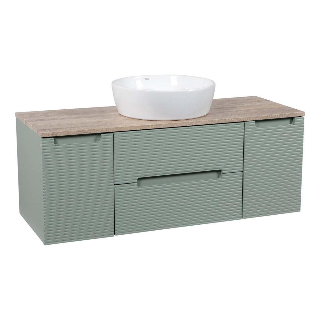 Sleek modern bathroom vanity unit with a natural wood top and light grey ribbed finish, featuring spacious drawers and cupboards for stylish bathroom storage.
