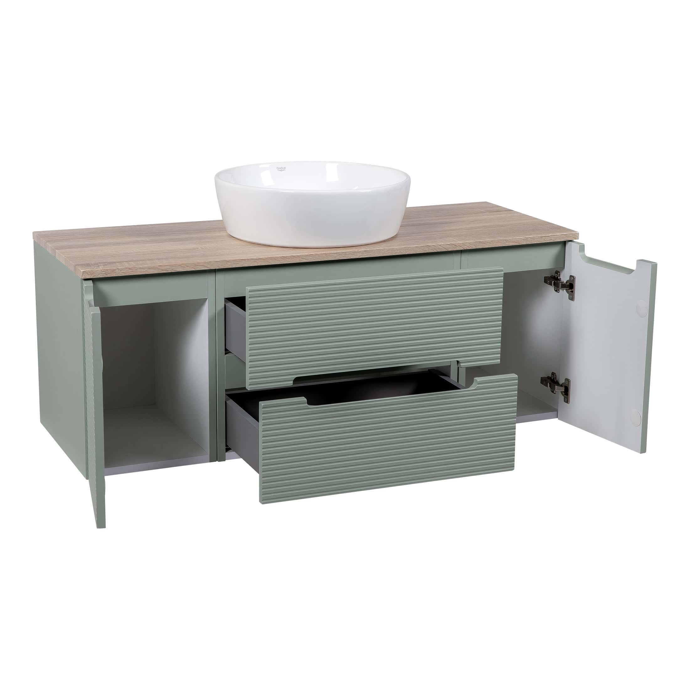 Modern green bathroom vanity unit with ribbed drawers and open cabinet space, topped with a wooden countertop and a stylish white ceramic wash basin, ideal for contemporary bathroom designs.