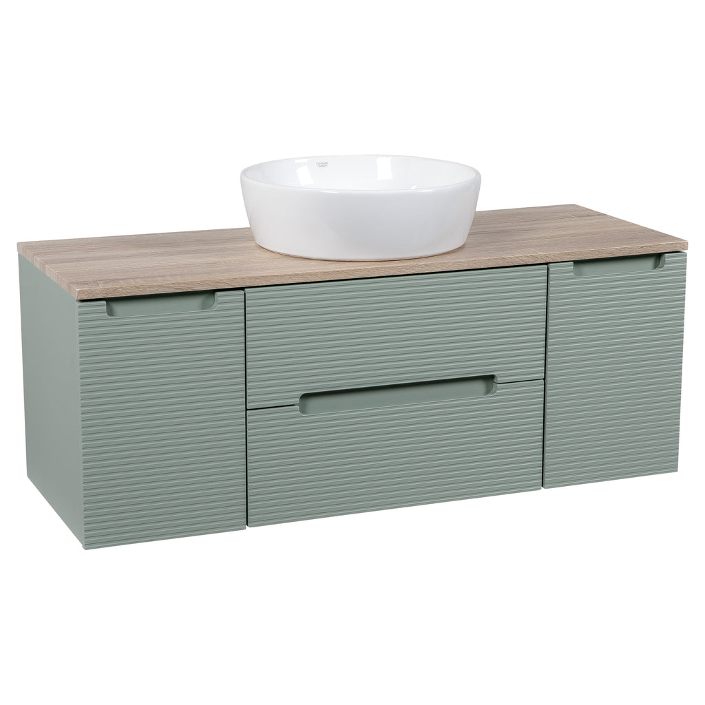 Tailored Monza Plus Fluted 2 Drawer Wall Hung Vanity Unit With 2 Side Cabinets And Counter Top - 1210mm Wide - Aloe Green/Country Oak - view 1