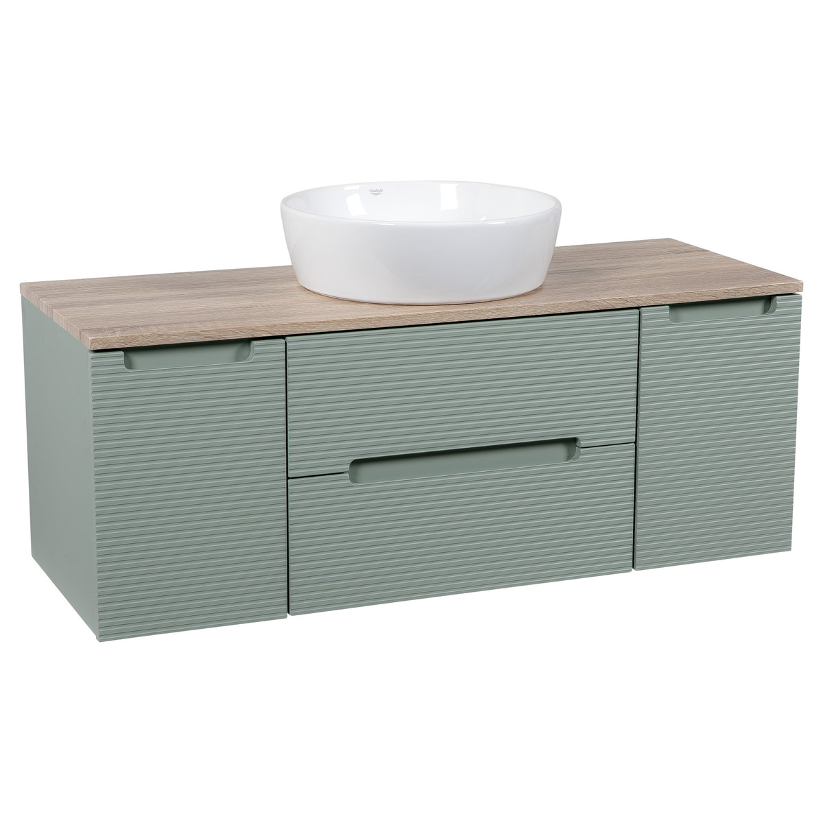 Tailored Monza Plus Fluted 2 Drawer Wall Hung Vanity Unit With 2 Side Cabinets And Counter Top - 1210mm Wide - Aloe Green/Country Oak - view 1