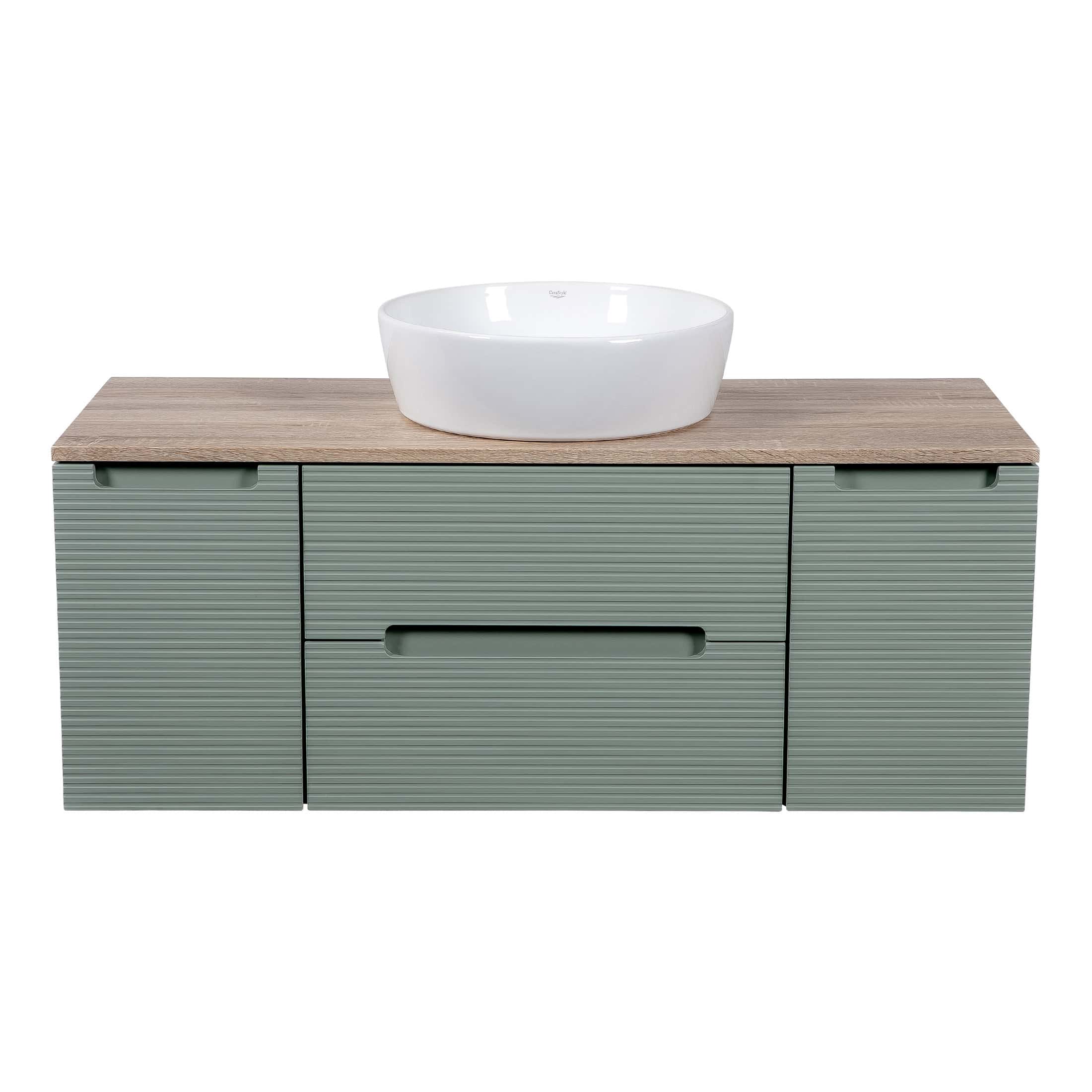 Modern bathroom vanity unit with a wood finish top and grey ribbed drawers, featuring a stylish white basin, ideal for contemporary bathroom decor.