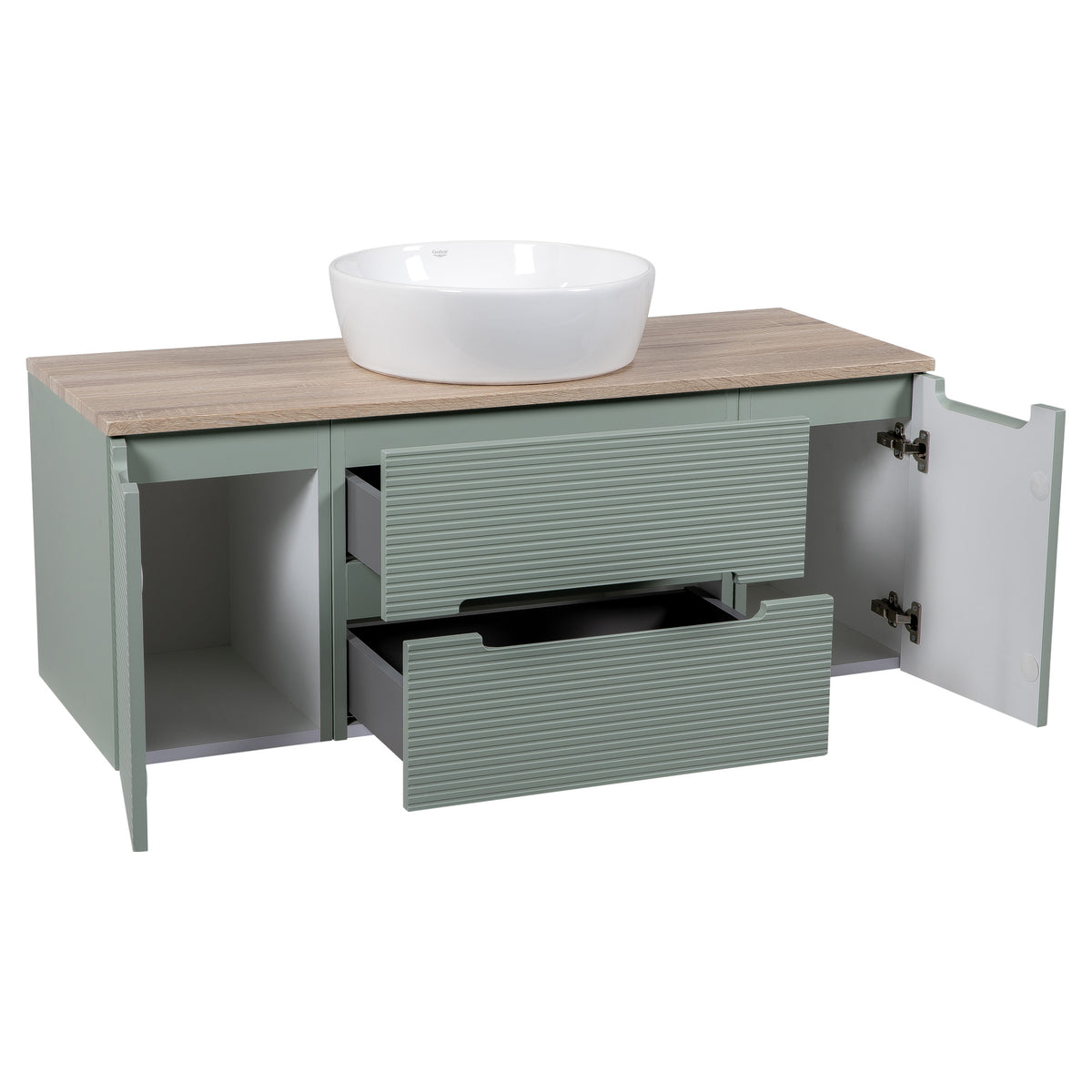 Tailored Monza Plus Fluted 2 Drawer Wall Hung Vanity Unit With 2 Side Cabinets And Counter Top - 1210mm Wide - Aloe Green/Country Oak - view 2