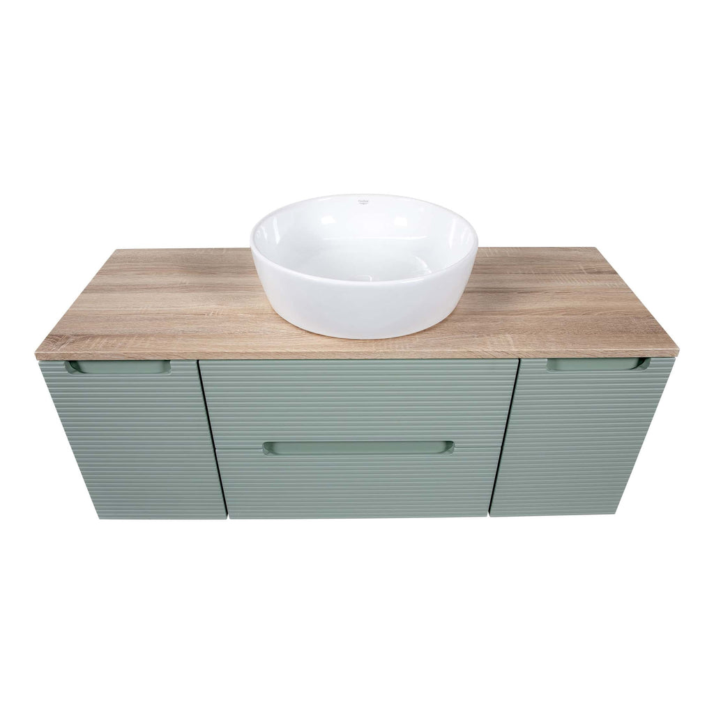 Modern bathroom vanity unit with a natural wood top and grey ribbed drawers, featuring a white vessel sink, designed for stylish and functional bathroom storage.