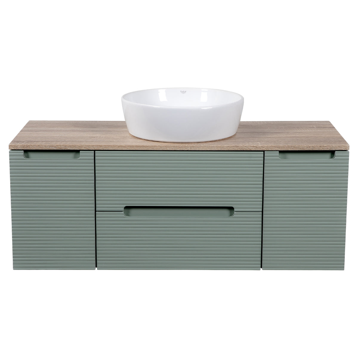 Tailored Monza Plus Fluted 2 Drawer Wall Hung Vanity Unit With 2 Side Cabinets And Counter Top - 1210mm Wide - Aloe Green/Country Oak - view 3