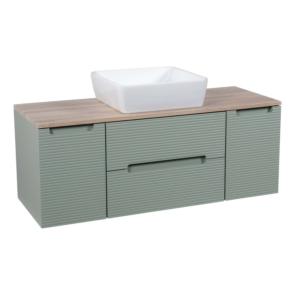 Modern grey bathroom vanity unit with a textured finish, integrated handle drawers, and a wooden countertop with a stylish white vessel sink, perfect for contemporary bathroom remodels.