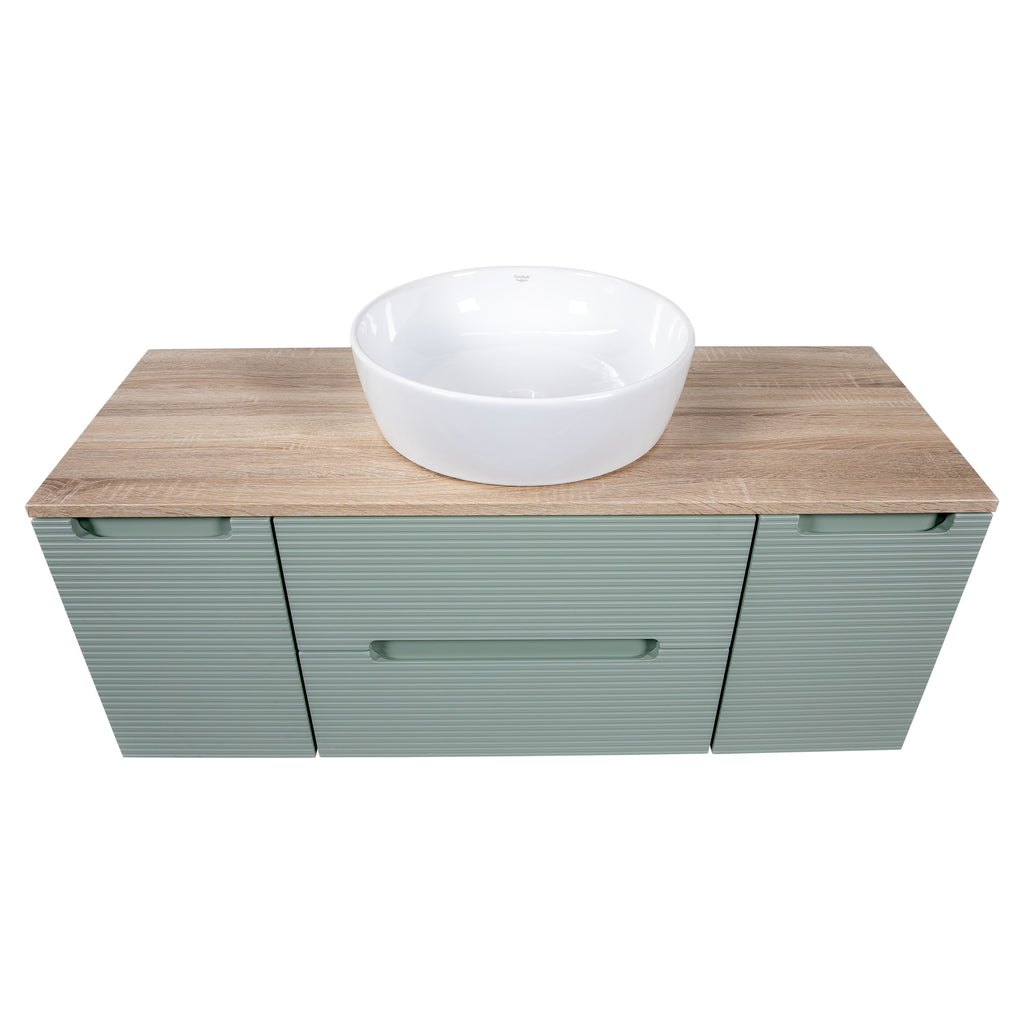 Tailored Monza Plus Fluted 2 Drawer Wall Hung Vanity Unit With 2 Side Cabinets And Counter Top - 1210mm Wide - Aloe Green/Country Oak - view 4