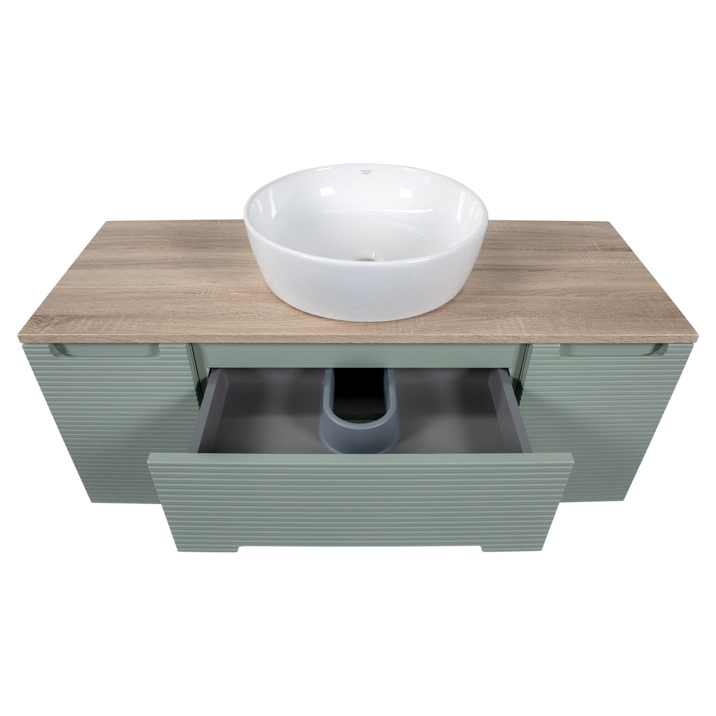 Tailored Monza Plus Fluted 2 Drawer Wall Hung Vanity Unit With 2 Side Cabinets And Counter Top - 1210mm Wide - Aloe Green/Country Oak - view 5