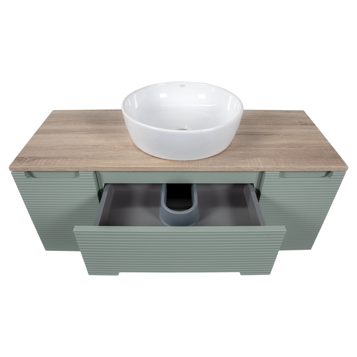 Tailored Monza Plus Fluted 2 Drawer Wall Hung Vanity Unit With 2 Side Cabinets And Counter Top - 1210mm Wide - Aloe Green/Country Oak - view 5
