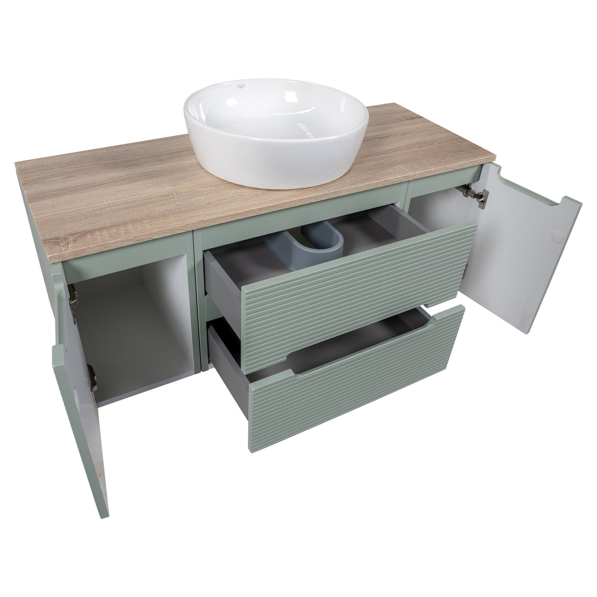 Tailored Monza Plus Fluted 2 Drawer Wall Hung Vanity Unit With 2 Side Cabinets And Counter Top - 1210mm Wide - Aloe Green/Country Oak - view 6