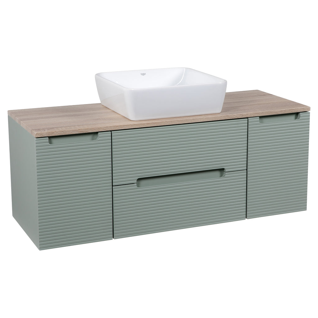 Tailored Monza Plus Fluted 2 Drawer Wall Hung Vanity Unit With 2 Side Cabinets And Counter Top - 1210mm Wide - Aloe Green/Country Oak - view 7