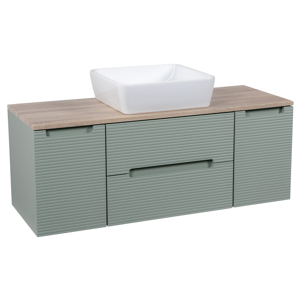 Tailored Monza Plus Fluted 2 Drawer Wall Hung Vanity Unit With 2 Side Cabinets And Counter Top - 1210mm Wide - Aloe Green/Country Oak