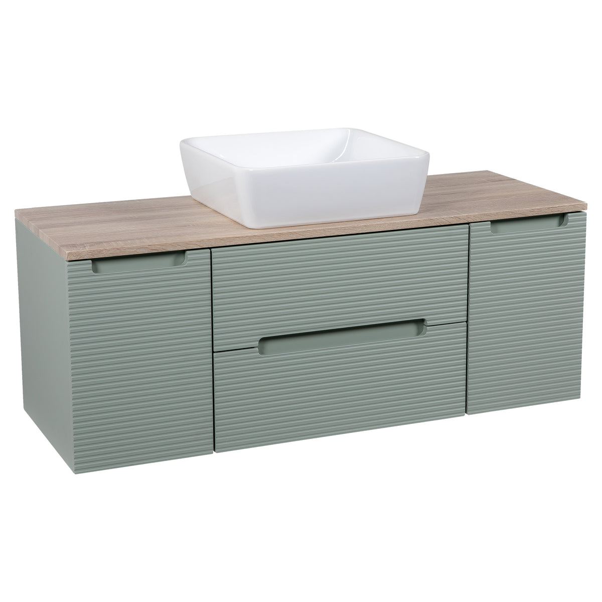 Tailored Monza Plus Fluted 2 Drawer Wall Hung Vanity Unit With 2 Side Cabinets And Counter Top - 1210mm Wide - Aloe Green/Country Oak