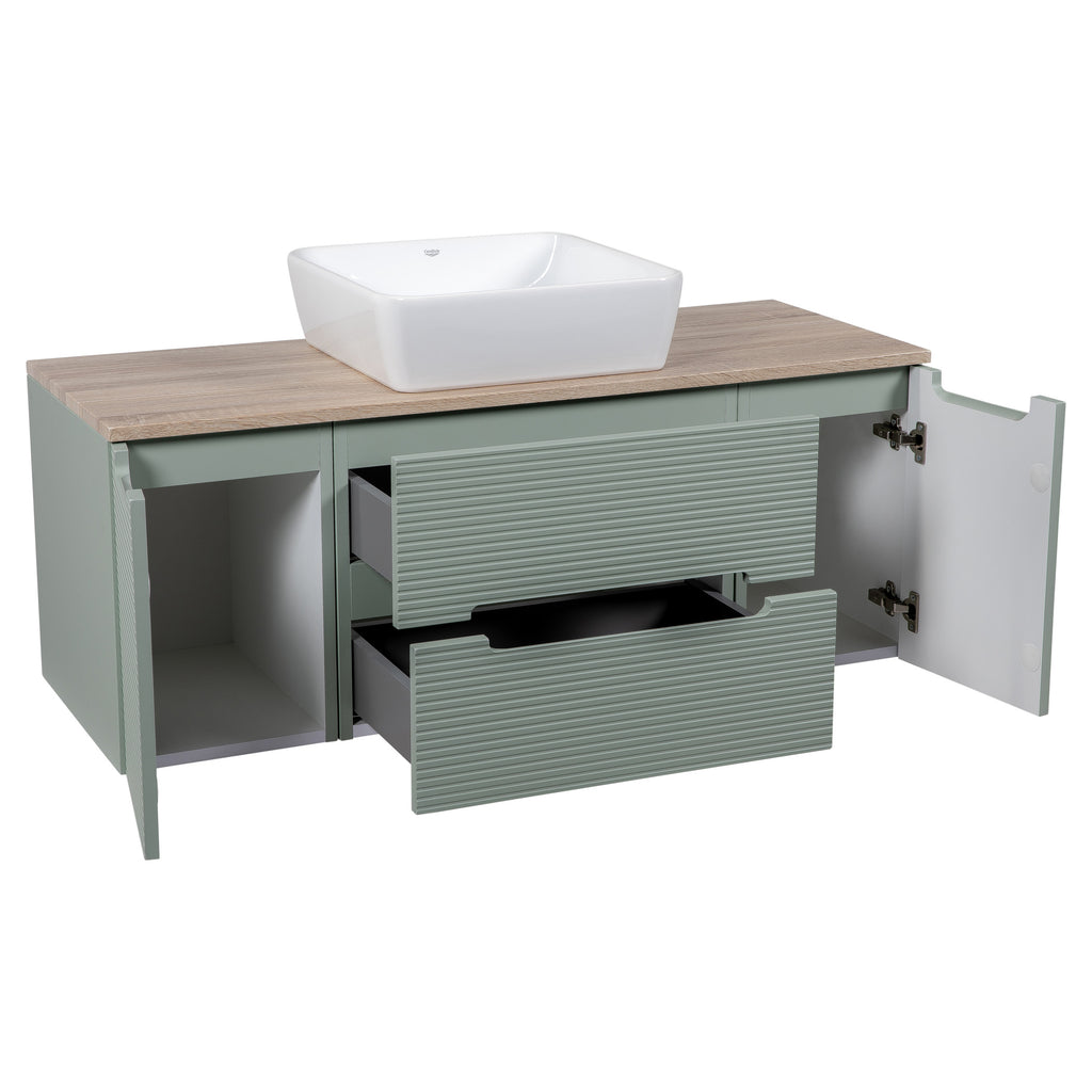 Tailored Monza Plus Fluted 2 Drawer Wall Hung Vanity Unit With 2 Side Cabinets And Counter Top - 1210mm Wide - Aloe Green/Country Oak - view 8