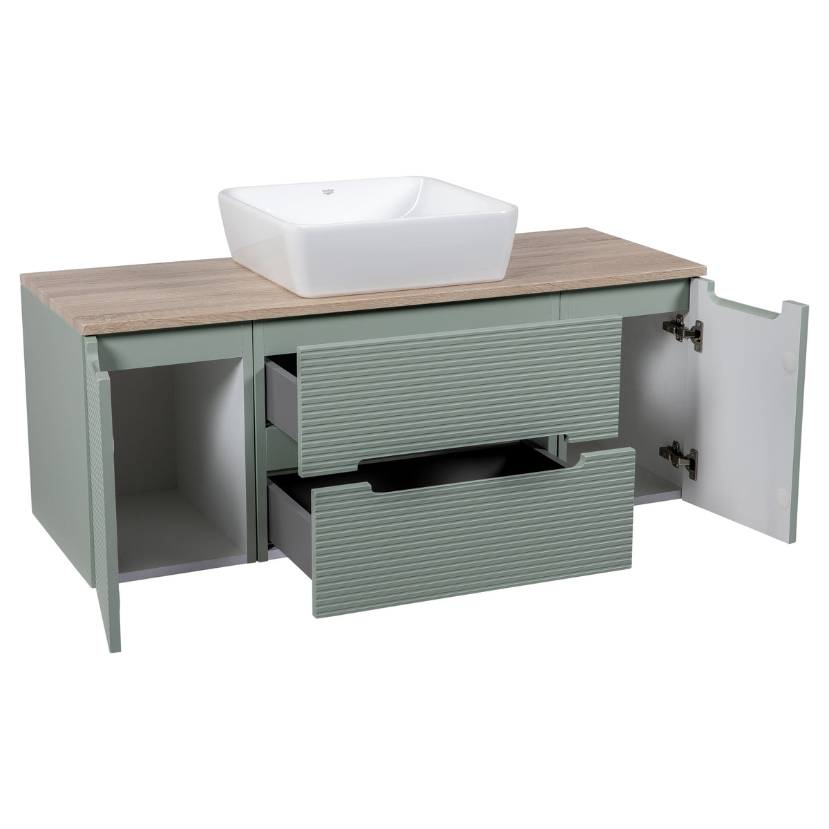 Tailored Monza Plus Fluted 2 Drawer Wall Hung Vanity Unit With 2 Side Cabinets And Counter Top - 1210mm Wide - Aloe Green/Country Oak - view 8