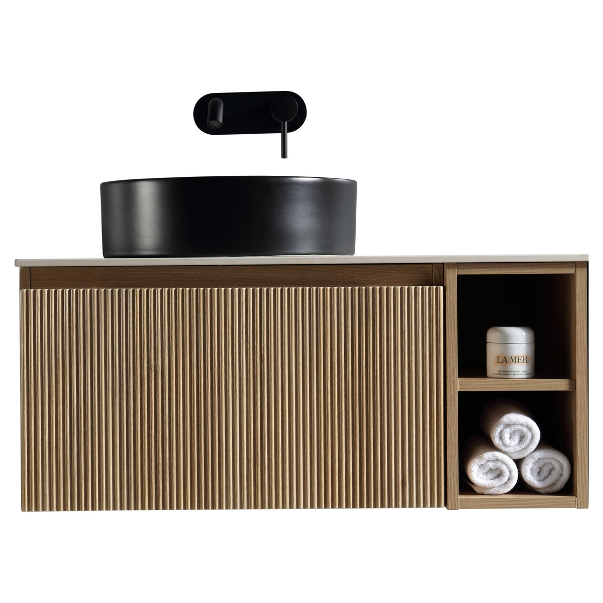 Tailored Flauto 1 Drawer Wall Hung Vanity With Side Storage And Sintered Stone Countertop - 810mm Wide - view 5