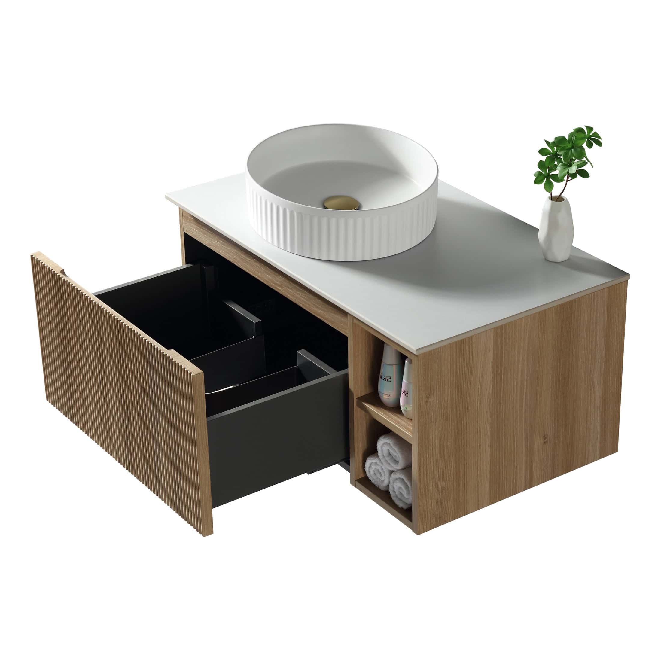Sleek modern bathroom vanity with a white ceramic vessel sink, wooden cabinetry with black storage drawers, and shelving for towels and toiletries, perfect for contemporary bathroom design.