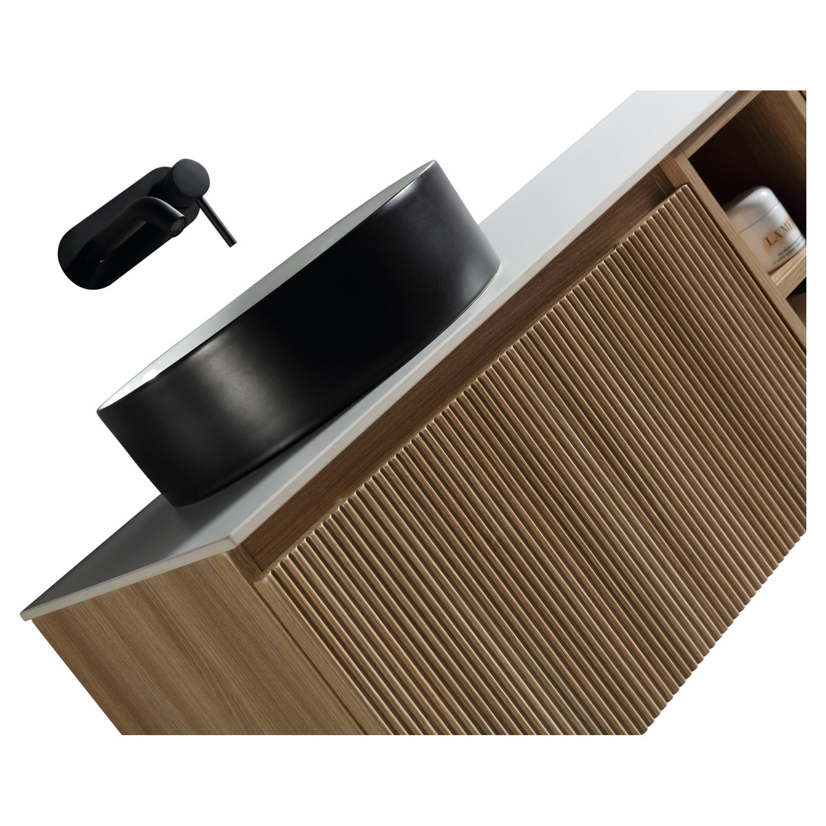 Tailored Flauto 1 Drawer Wall Hung Vanity With Side Storage And Sintered Stone Countertop - 810mm Wide - view 6