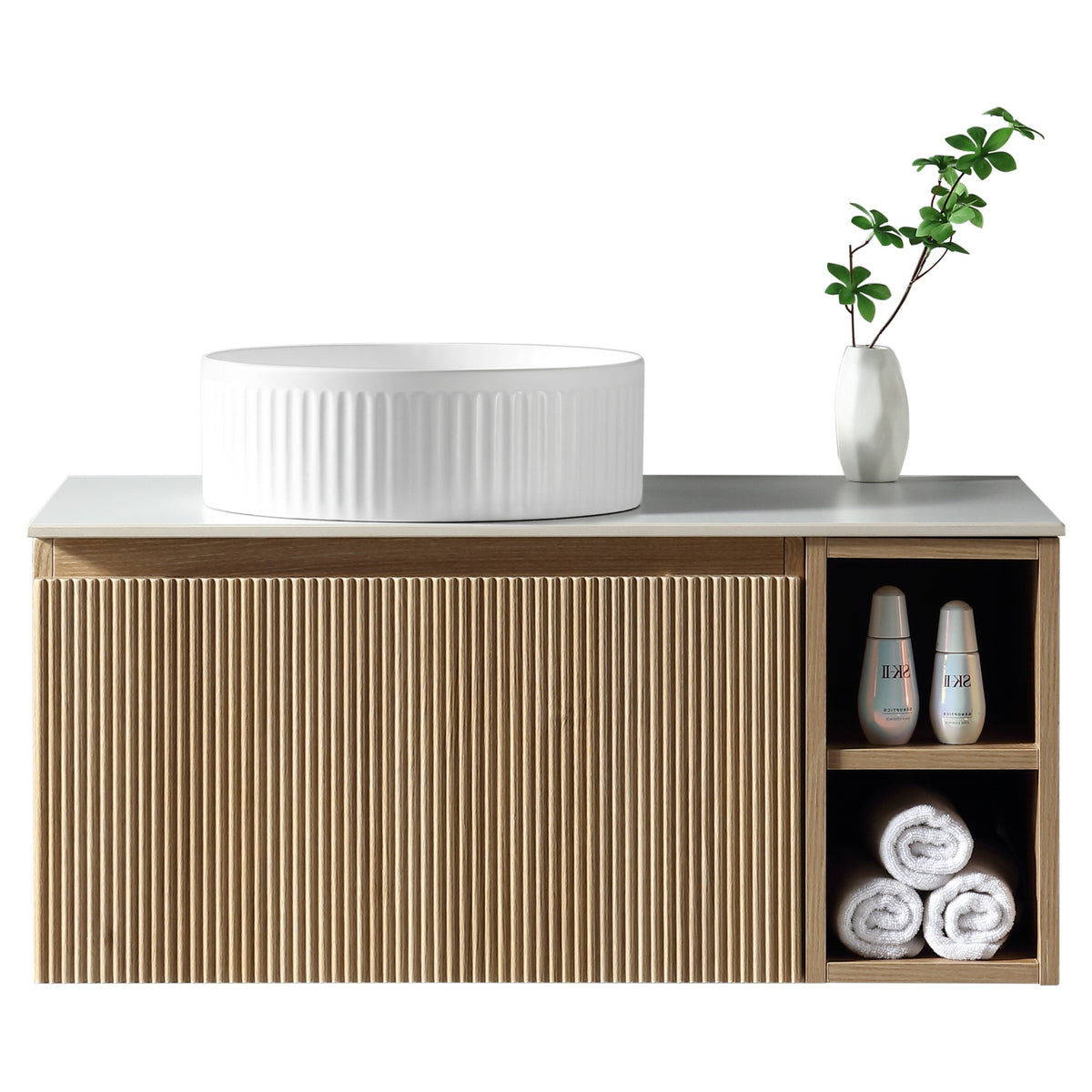 Tailored Flauto 1 Drawer Wall Hung Vanity With Side Storage And Sintered Stone Countertop - 810mm Wide - view 1
