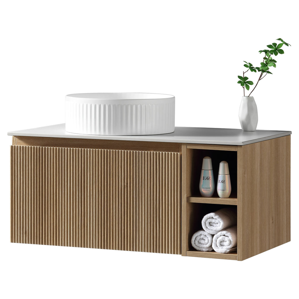Tailored Flauto 1 Drawer Wall Hung Vanity With Side Storage And Sintered Stone Countertop - 810mm Wide - view 2