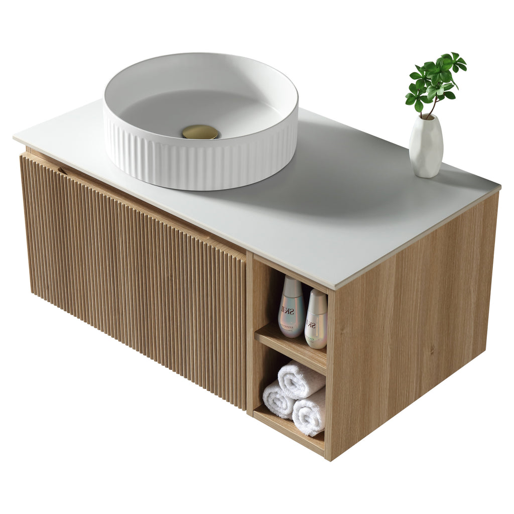 Tailored Flauto 1 Drawer Wall Hung Vanity With Side Storage And Sintered Stone Countertop - 810mm Wide - view 3