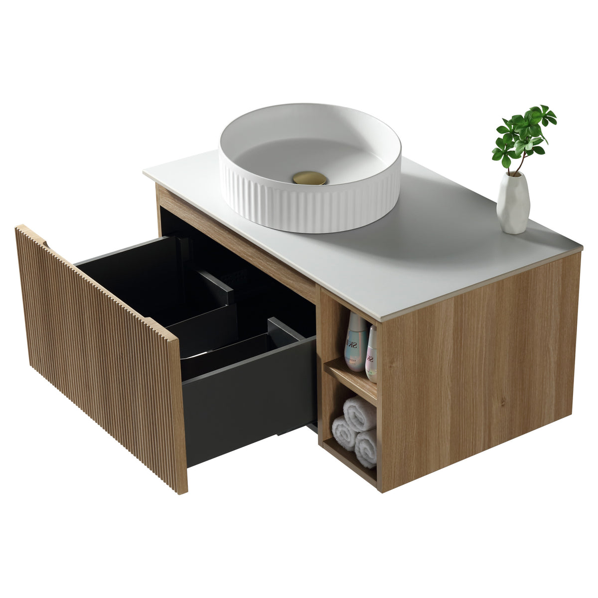 Tailored Flauto 1 Drawer Wall Hung Vanity With Side Storage And Sintered Stone Countertop - 810mm Wide - view 4