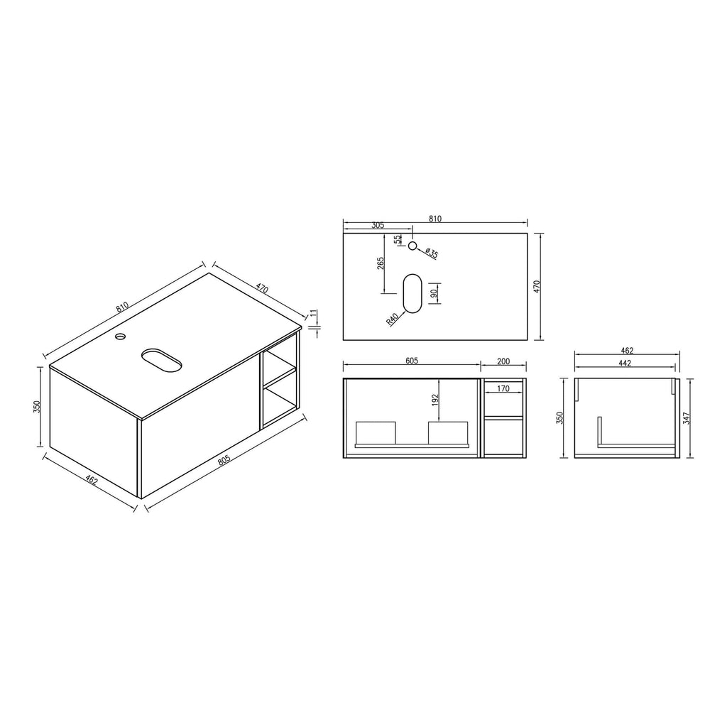Modern bathroom vanity with integrated sink and open shelving, designed for stylish storage and space efficiency. Perfect for contemporary bathroom upgrades, combining functionality with sleek aesthetics.