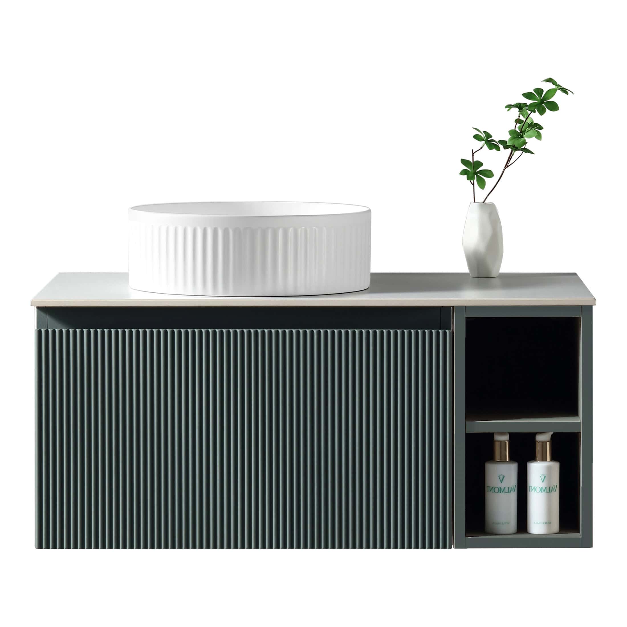 Sleek modern bathroom vanity with a minimalist design featuring a distinctive textured grey cabinet, a white ceramic basin, and a decorative vase with greenery, perfect for contemporary bathroom decor.
