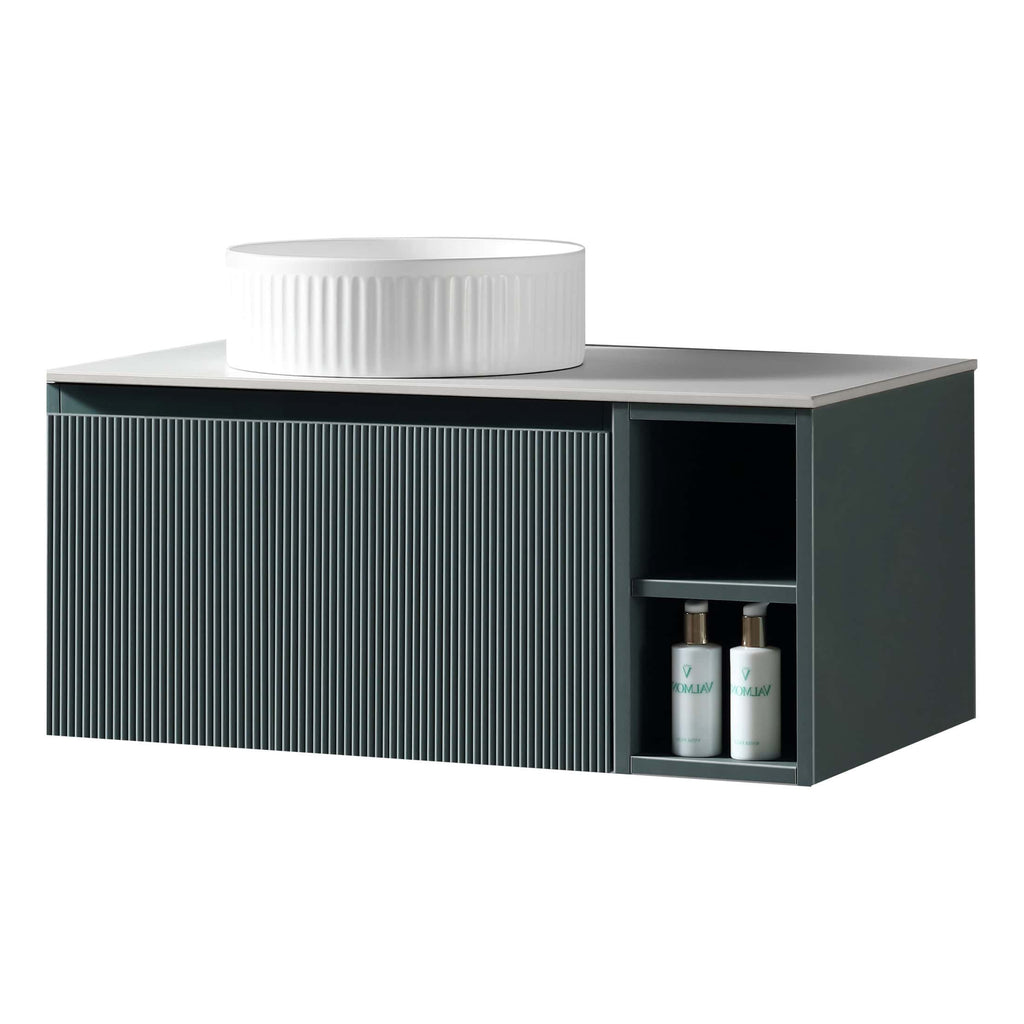 Stylish modern bathroom vanity unit with ribbed front design, open shelf storage, and contemporary sink, perfect for elegant bathroom interior solutions.