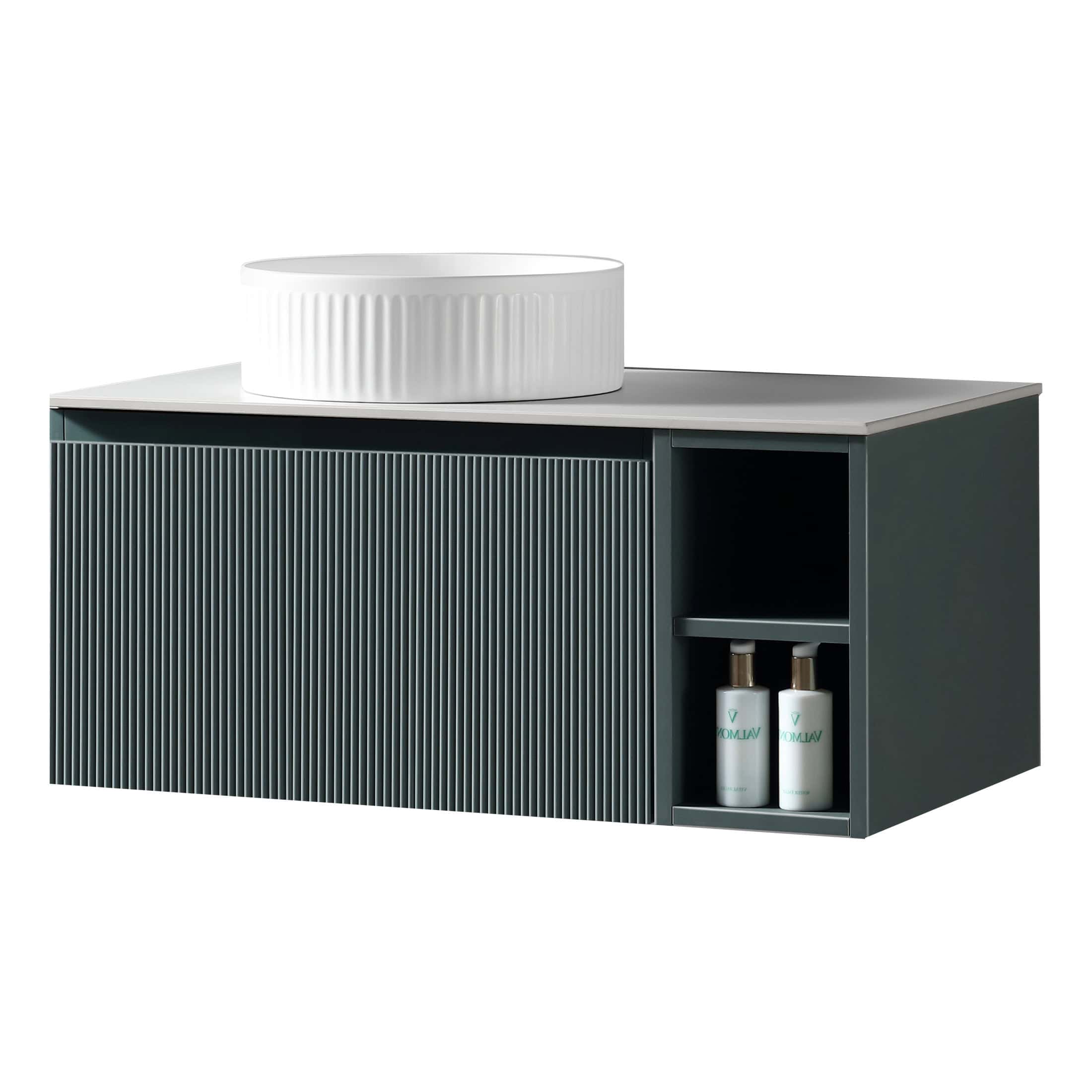 Stylish modern bathroom vanity unit with ribbed front design, open shelf storage, and contemporary sink, perfect for elegant bathroom interior solutions.