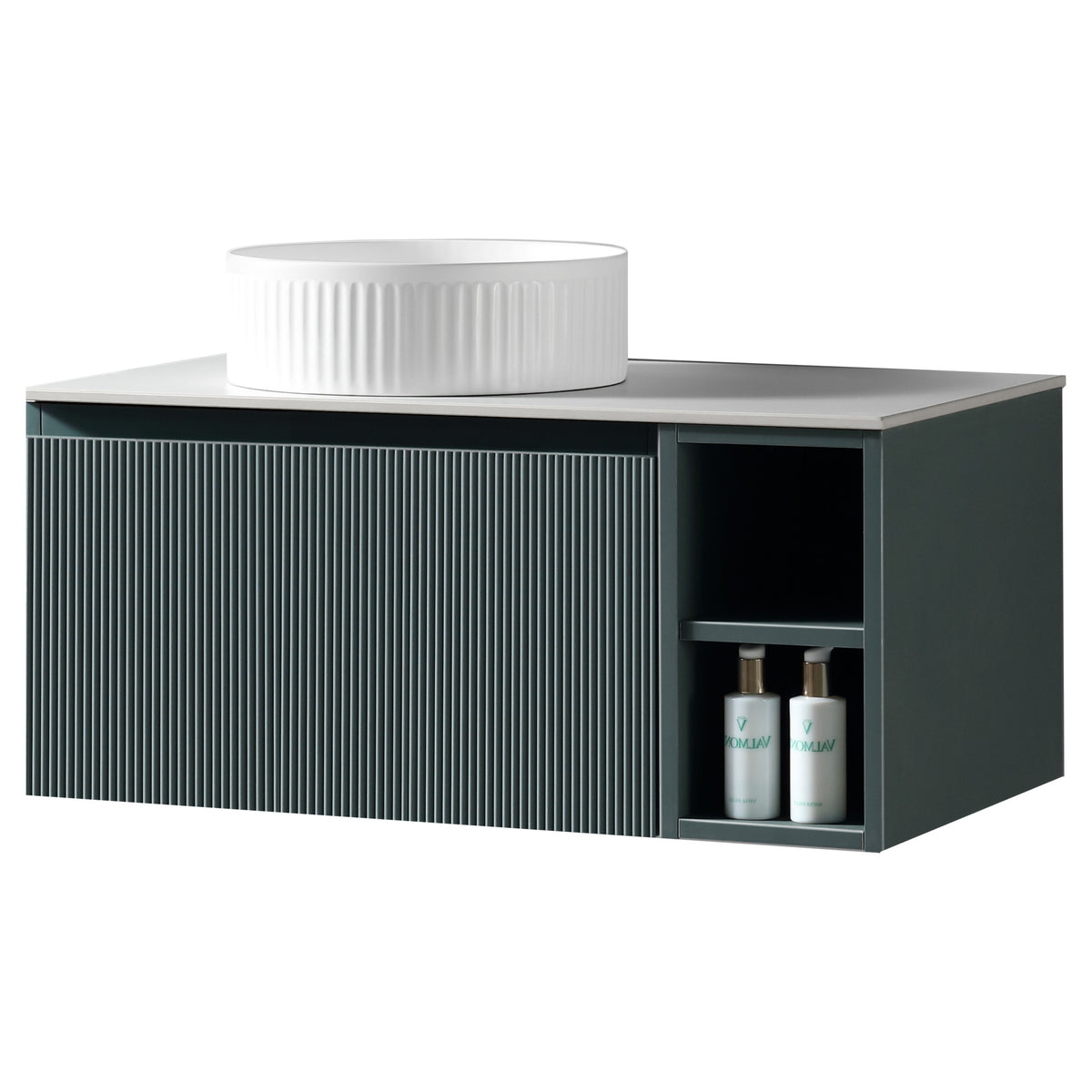 Tailored Flauto 1 Drawer Wall Hung Vanity With Side Storage And Sintered Stone Countertop - 810mm Wide