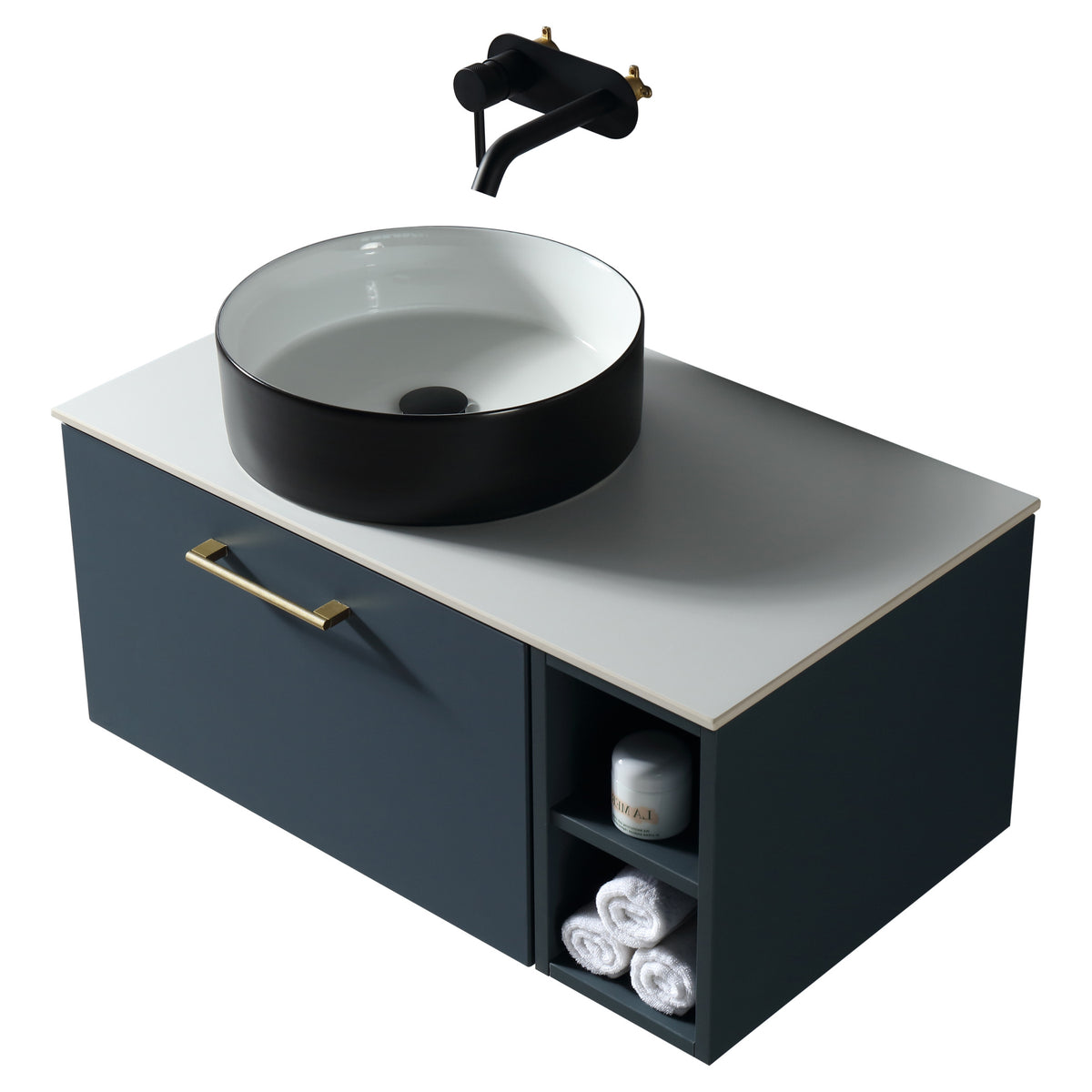 Tailored Piatta 1 Drawer Wall Hung Vanity Unit With Side Storage And Sintered Stone Countertop - 810mm Wide, Midnight Shadow / Left Handed - view 1