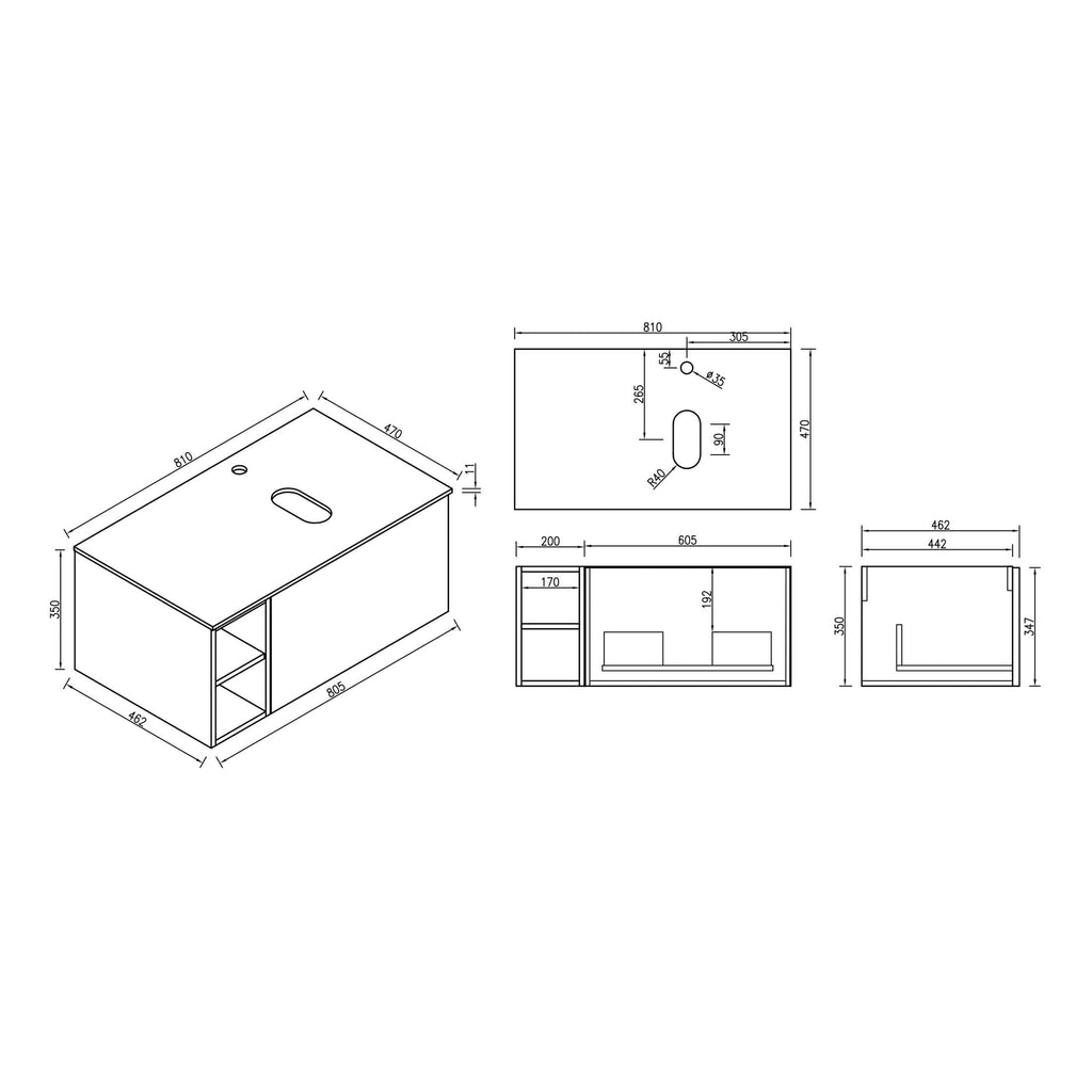 Modern bathroom vanity with open shelving and built-in sink, featuring detailed technical drawings showcasing dimensions and design for stylish and functional bathroom storage solutions.