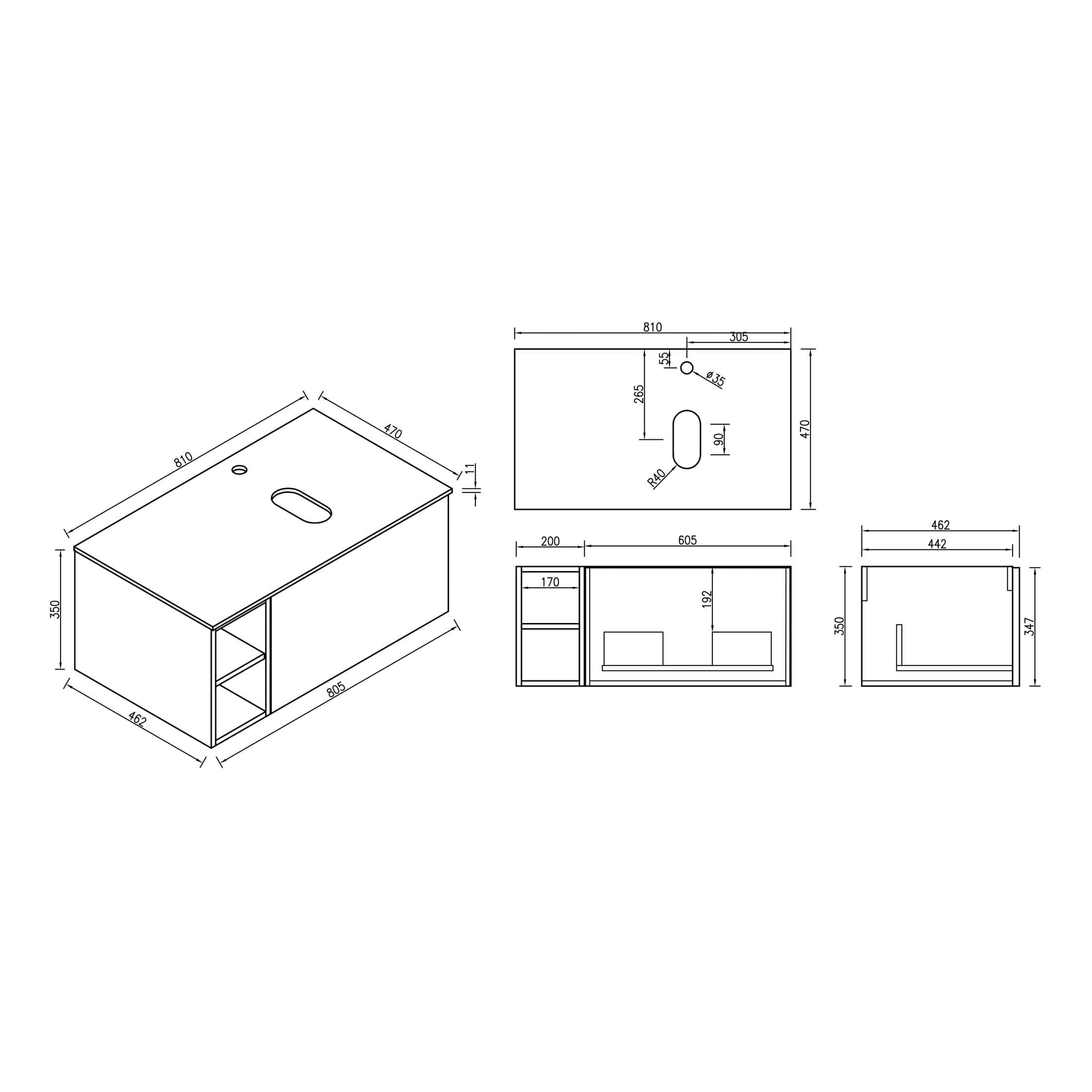 Modern bathroom vanity with open shelving and built-in sink, featuring detailed technical drawings showcasing dimensions and design for stylish and functional bathroom storage solutions.