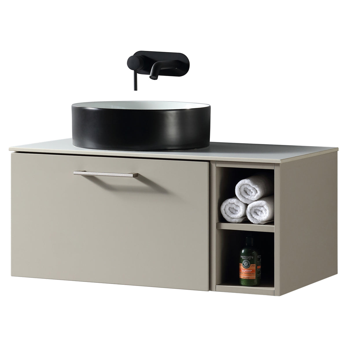 Tailored Piatta 1 Drawer Wall Hung Vanity Unit With Side Storage And Sintered Stone Countertop - 810mm Wide - view 3