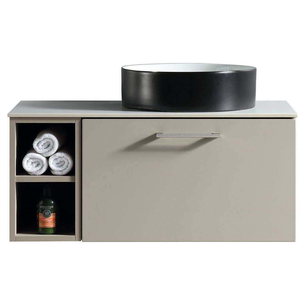 Tailored Piatta 1 Drawer Wall Hung Vanity Unit With Side Storage And Sintered Stone Countertop - 810mm Wide, Soft Coffee / Left Handed - view 6