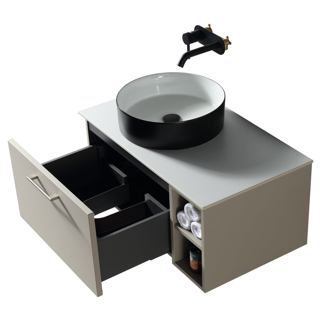 Tailored Piatta 1 Drawer Wall Hung Vanity Unit With Side Storage And Sintered Stone Countertop - 810mm Wide