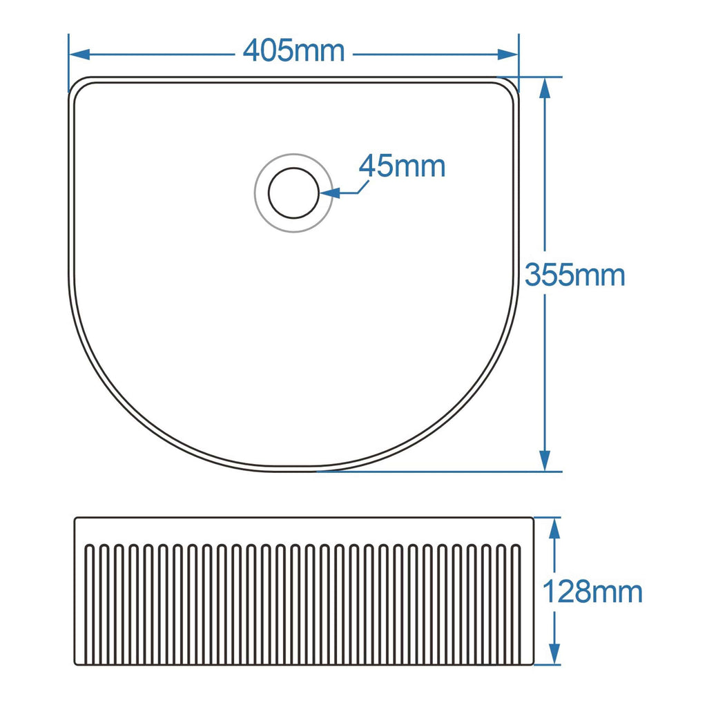 Precision bathroom sink dimensions with detailed measurements for installation, featuring a 405mm x 355mm top view, 45mm drain hole, and 128mm drainage grid, designed for modern bathroom interior.