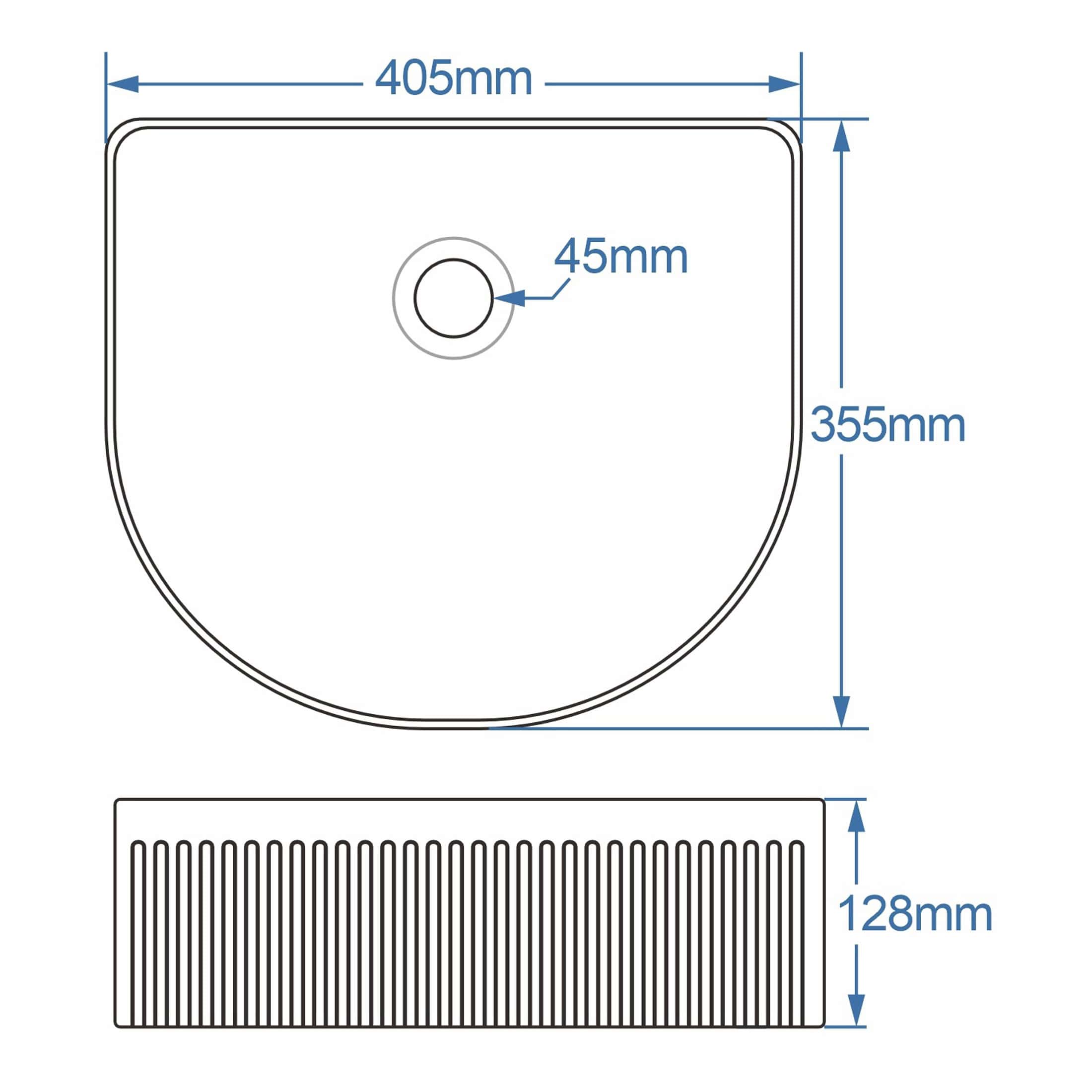 Precision bathroom sink dimensions with detailed measurements for installation, featuring a 405mm x 355mm top view, 45mm drain hole, and 128mm drainage grid, designed for modern bathroom interior.