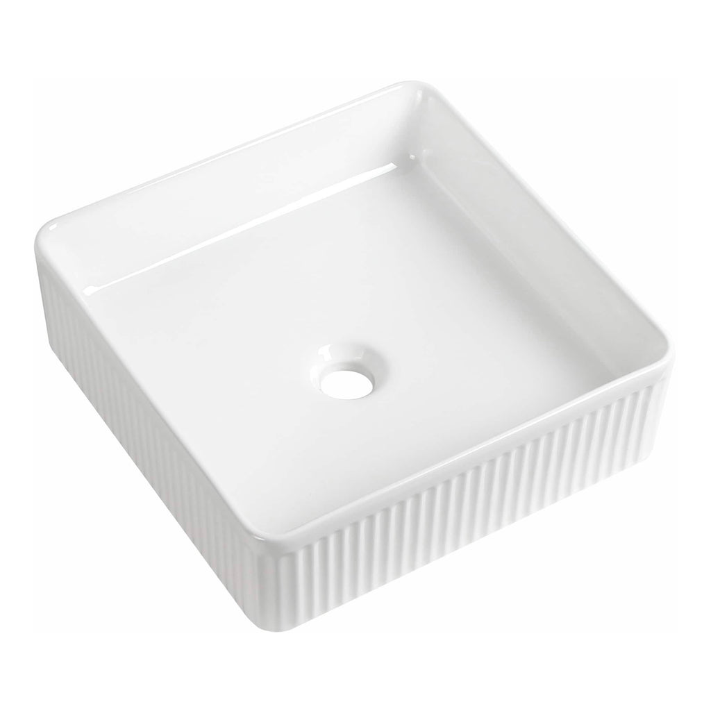 White ceramic bathroom sink with ribbed exterior, square shape, and central drain hole, perfect for a modern bathroom design. Suitable for countertop installation with a stylish and functional look.