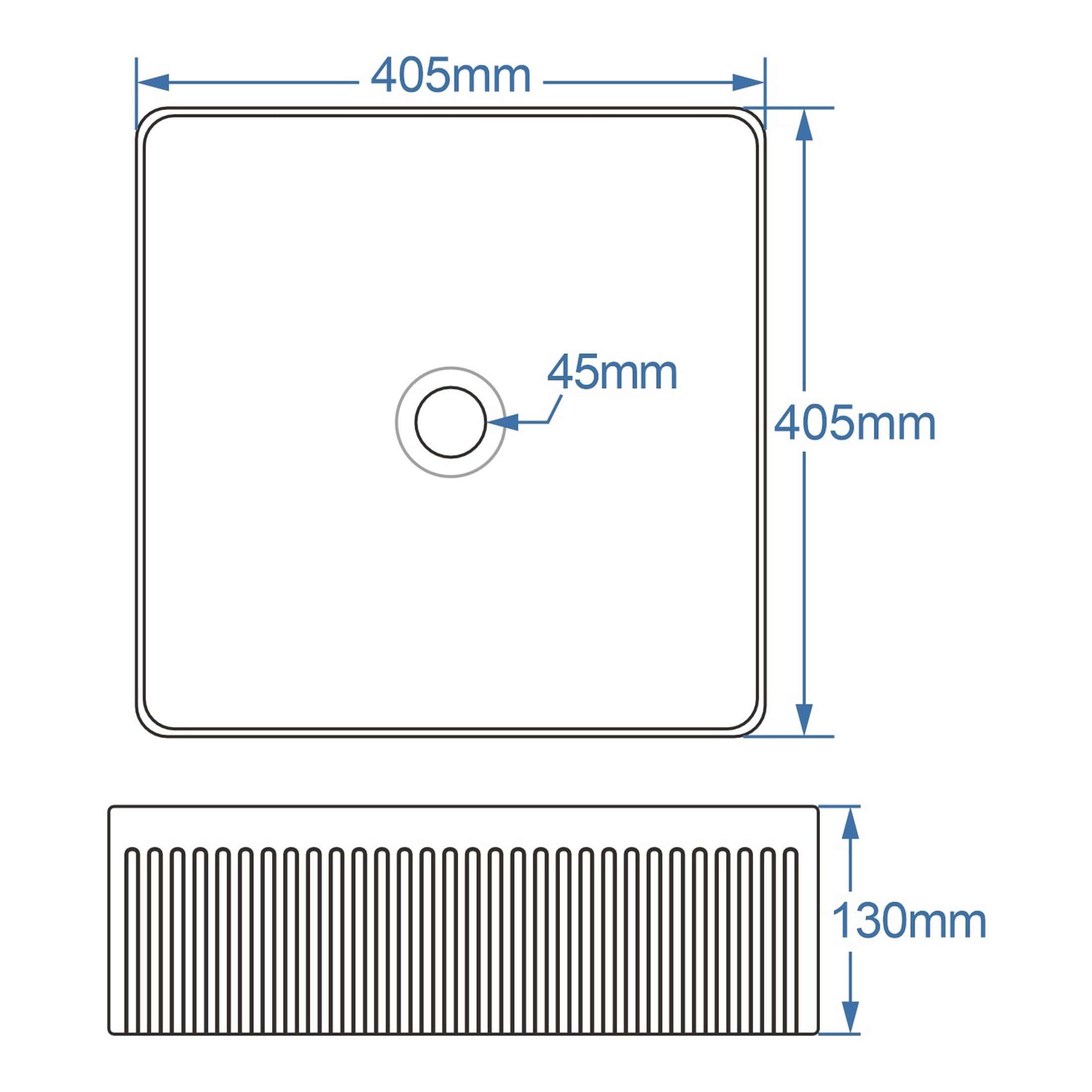 High-quality square shower tray with anti-slip surface, 405mm x 405mm size, 130mm height, and durable acrylic construction for modern bathroom bathrooms.