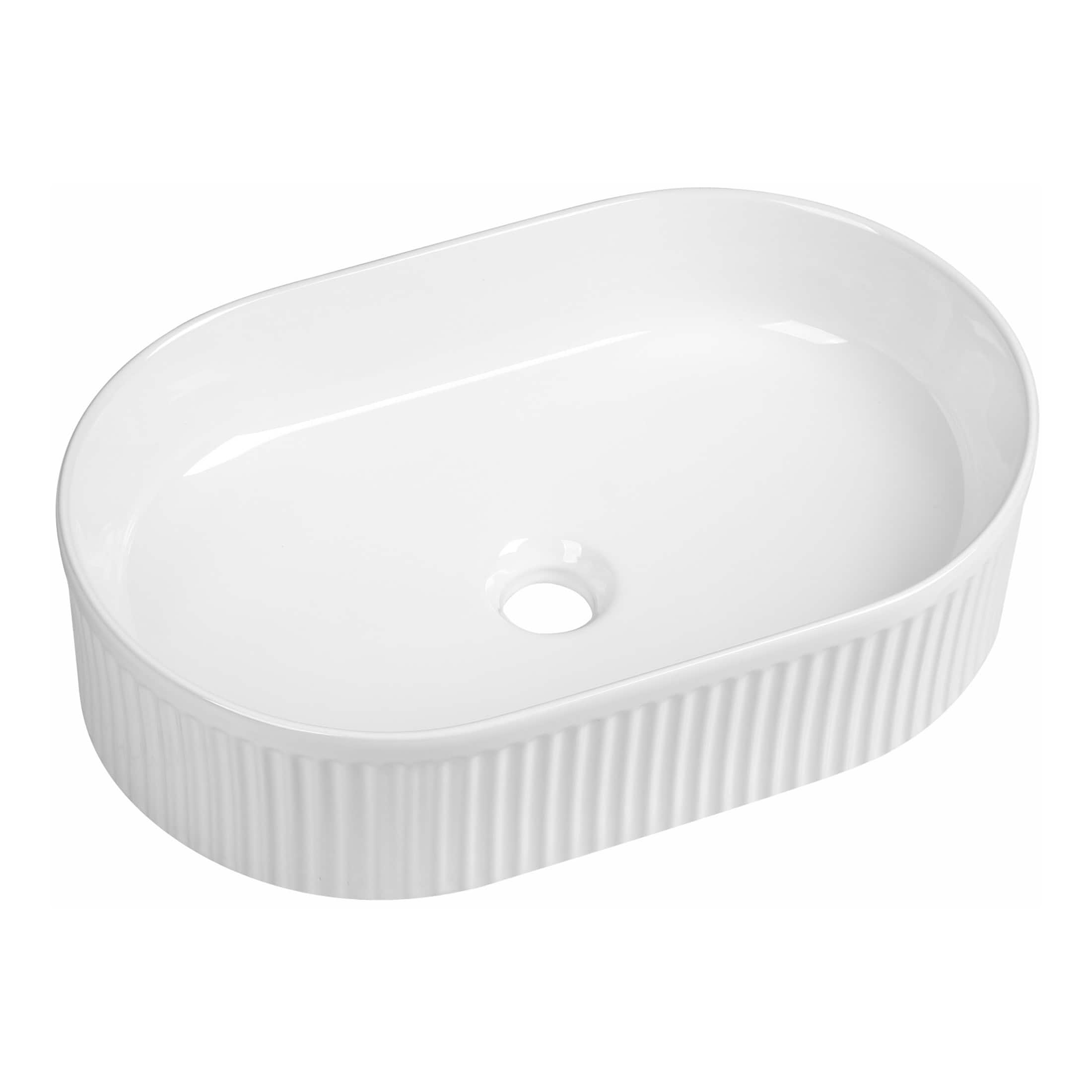 Sleek white oval bathroom sink with ribbed exterior, perfect for contemporary bathroom decor and easy to clean.