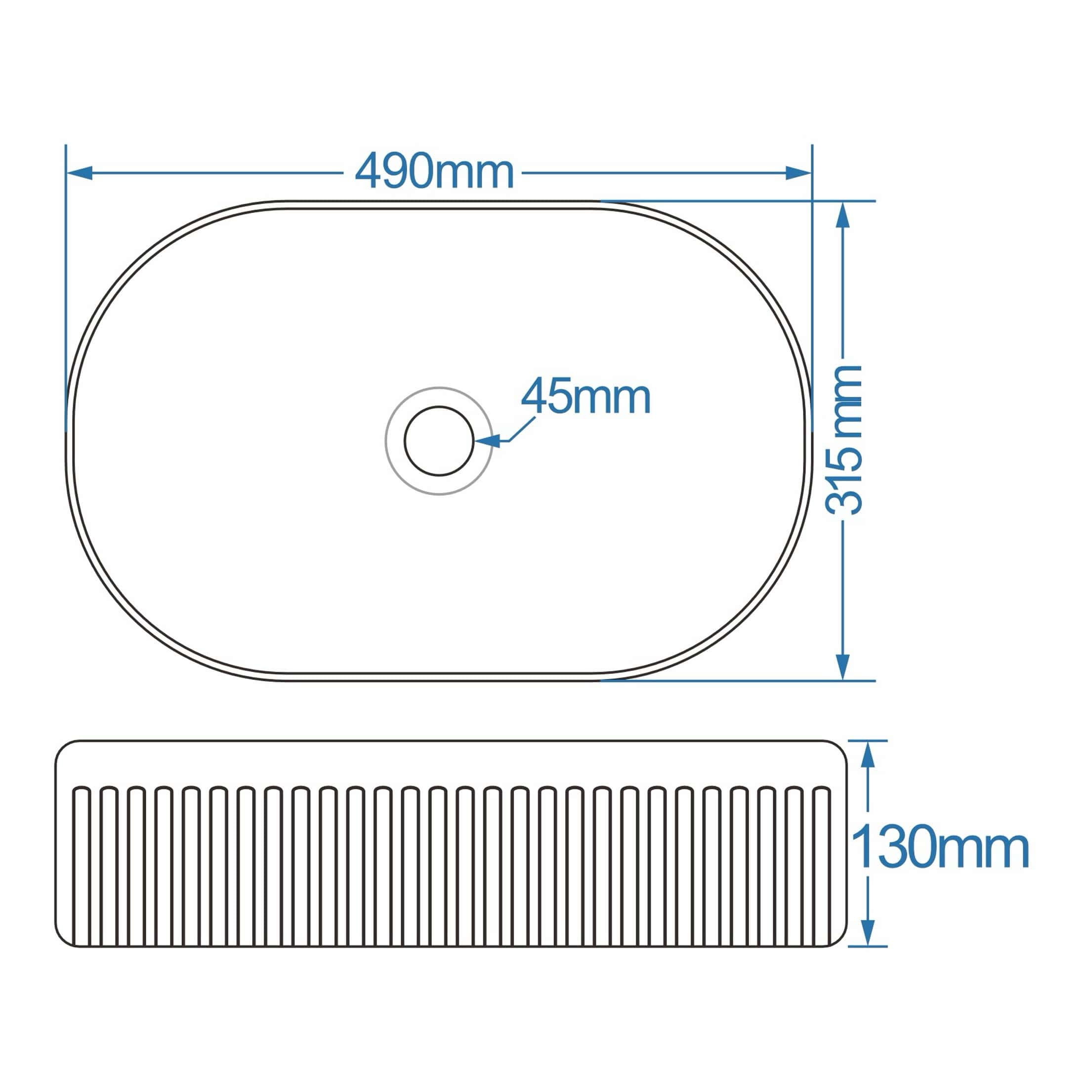Sleek ceramic bathroom sink with detailed dimensions, featuring a 490mm width, 315mm height, 45mm drain hole, and matching slotted drain cover, ideal for modern bathroom renovation.