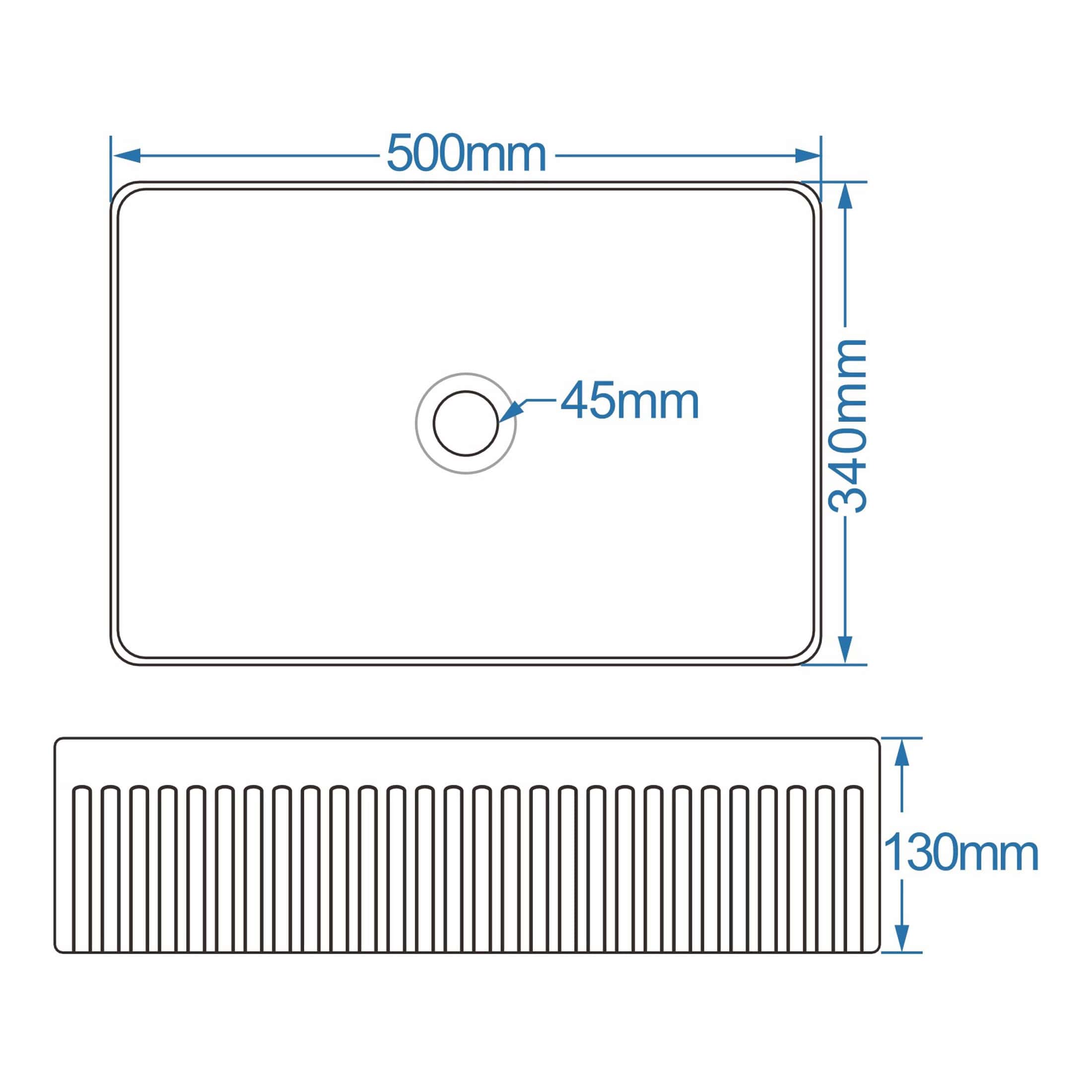 480mm square shower tray with anti-slip surface and central drain for modern bathroom installations. Perfect for space-saving shower areas, durable and easy to clean. 34mm height with 45mm drain outlet.
