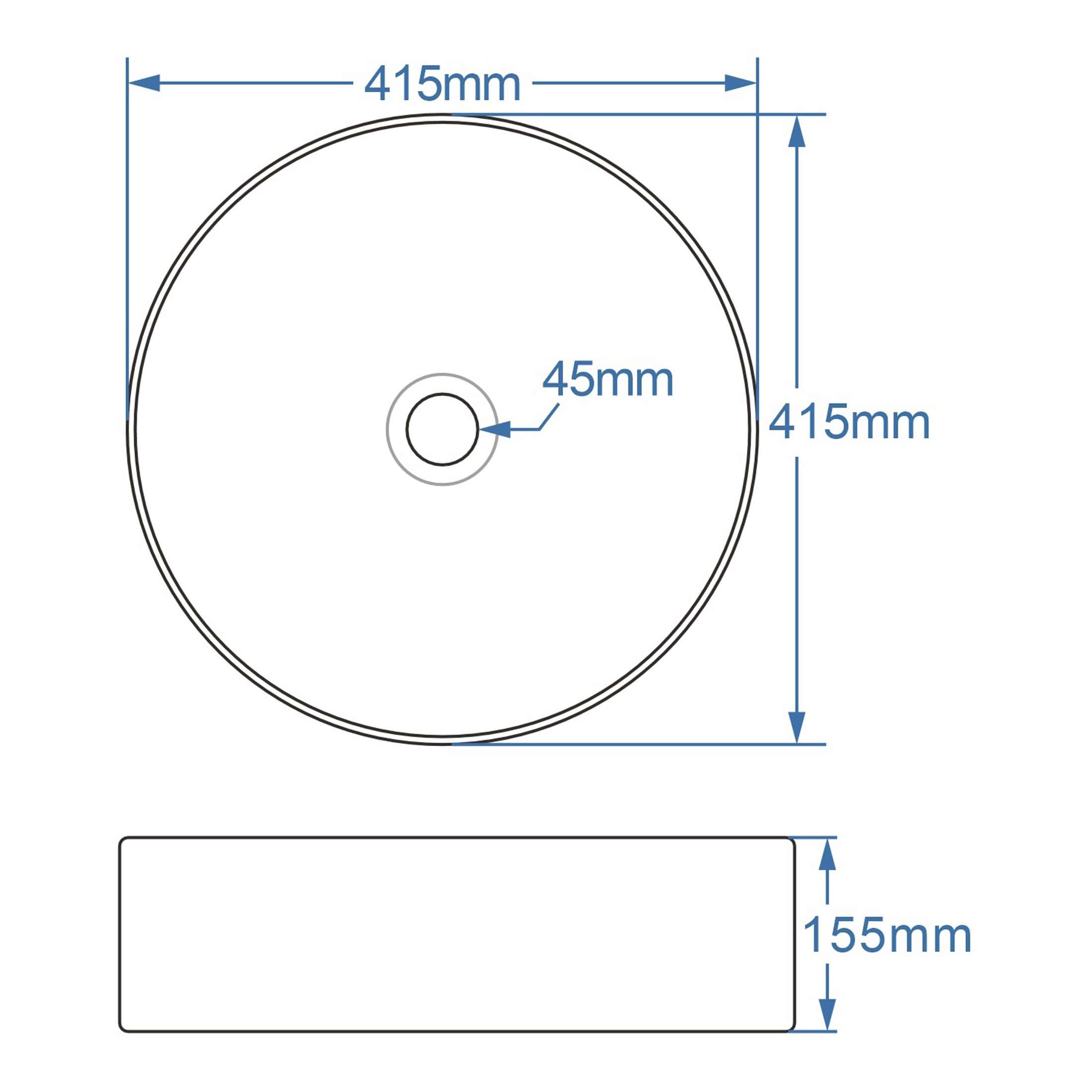 Smooth round bathroom sink with detailed measurements for DIY installation, featuring a 415mm diameter, 45mm drain hole, and a 155mm thick edge, ideal for modern bathroom renovations.
