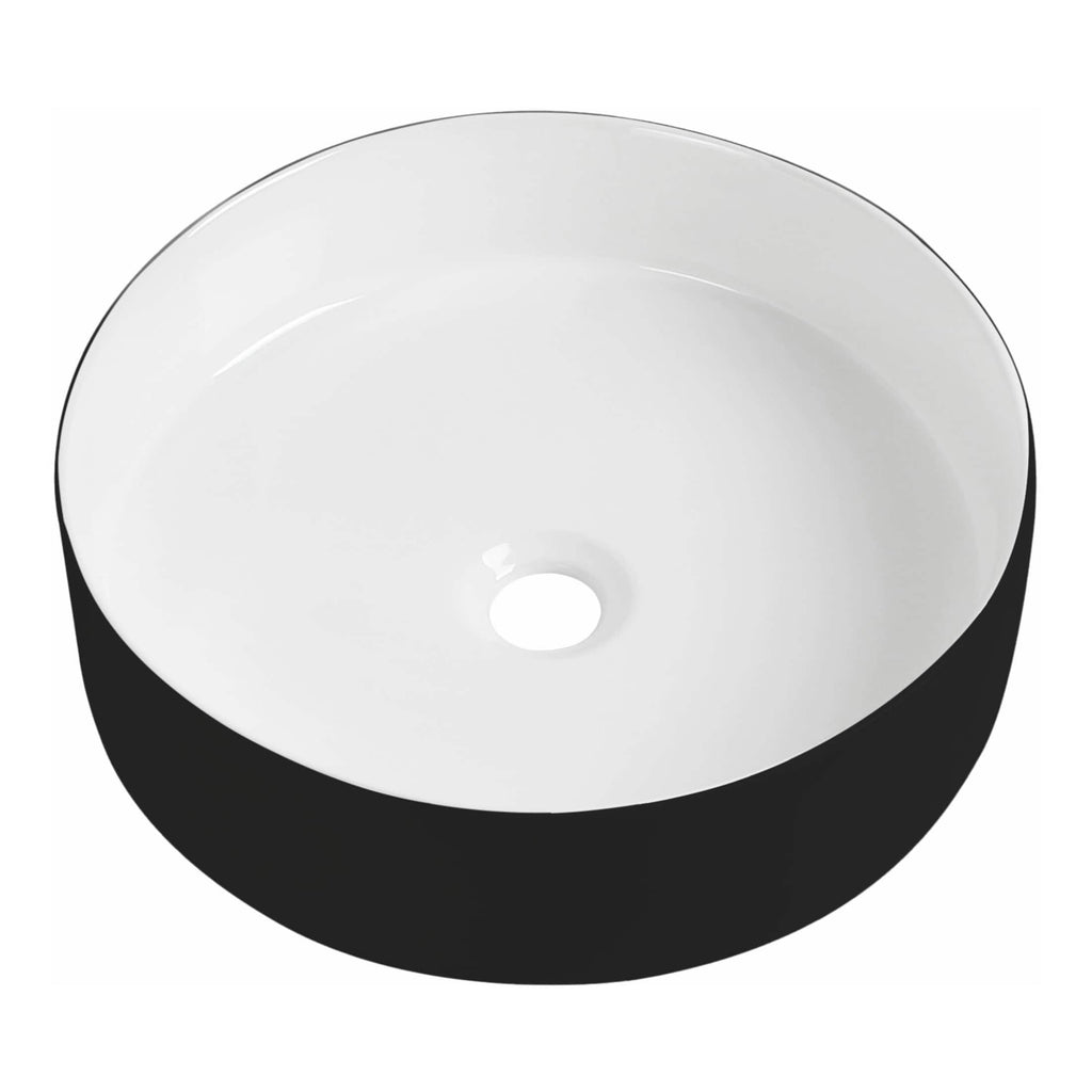 Sleek black and white ceramic bathroom sink with modern design, perfect for contemporary bathroom interiors, featuring a smooth surface, deep basin, and central drainage hole for easy cleaning and maintenance.